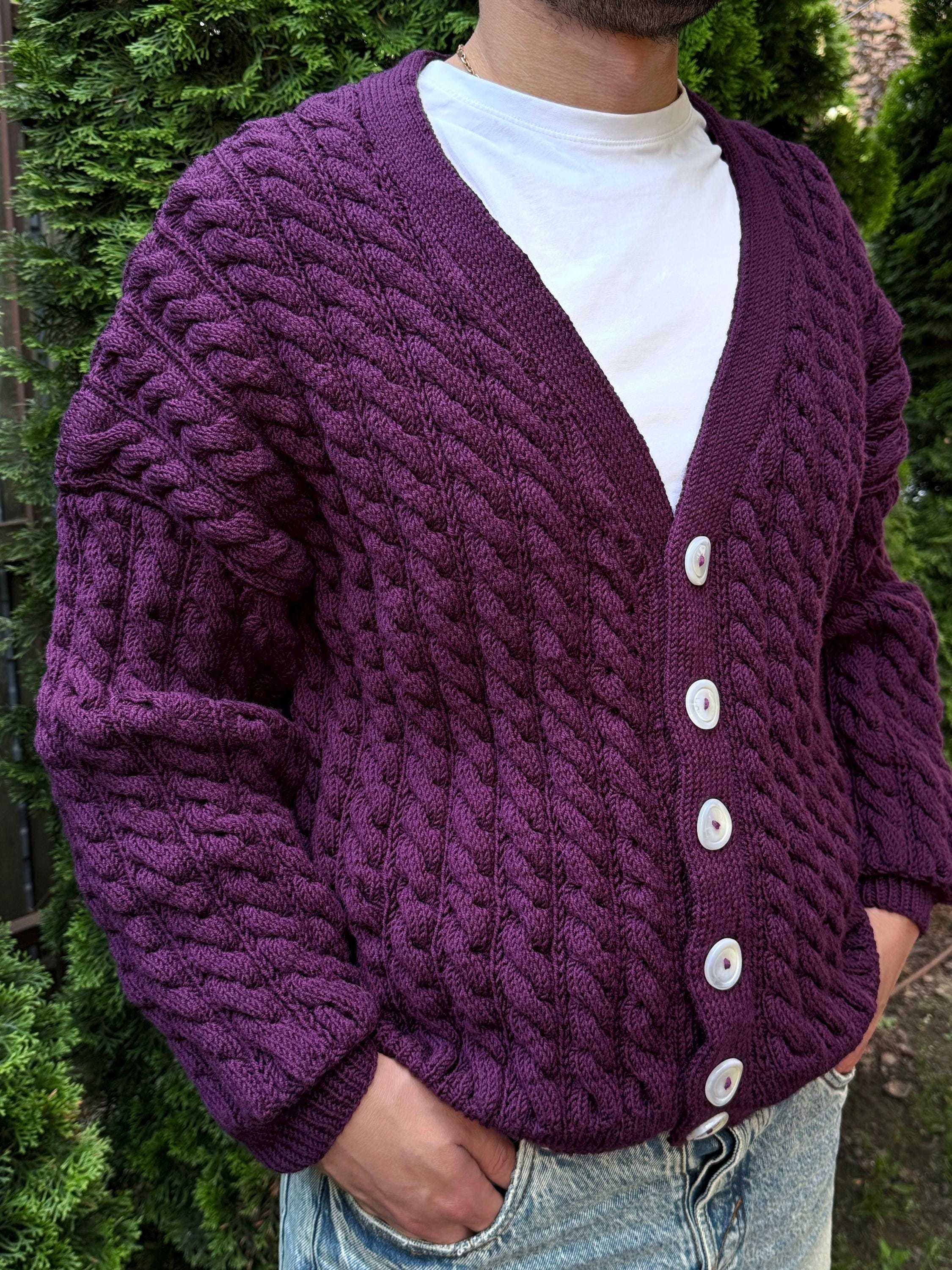 Chunky knit mens merino wool dark purple sweater cardigan Cable knit cardigan Cozy wool dark purple cardigan knitted jacket Gift for him