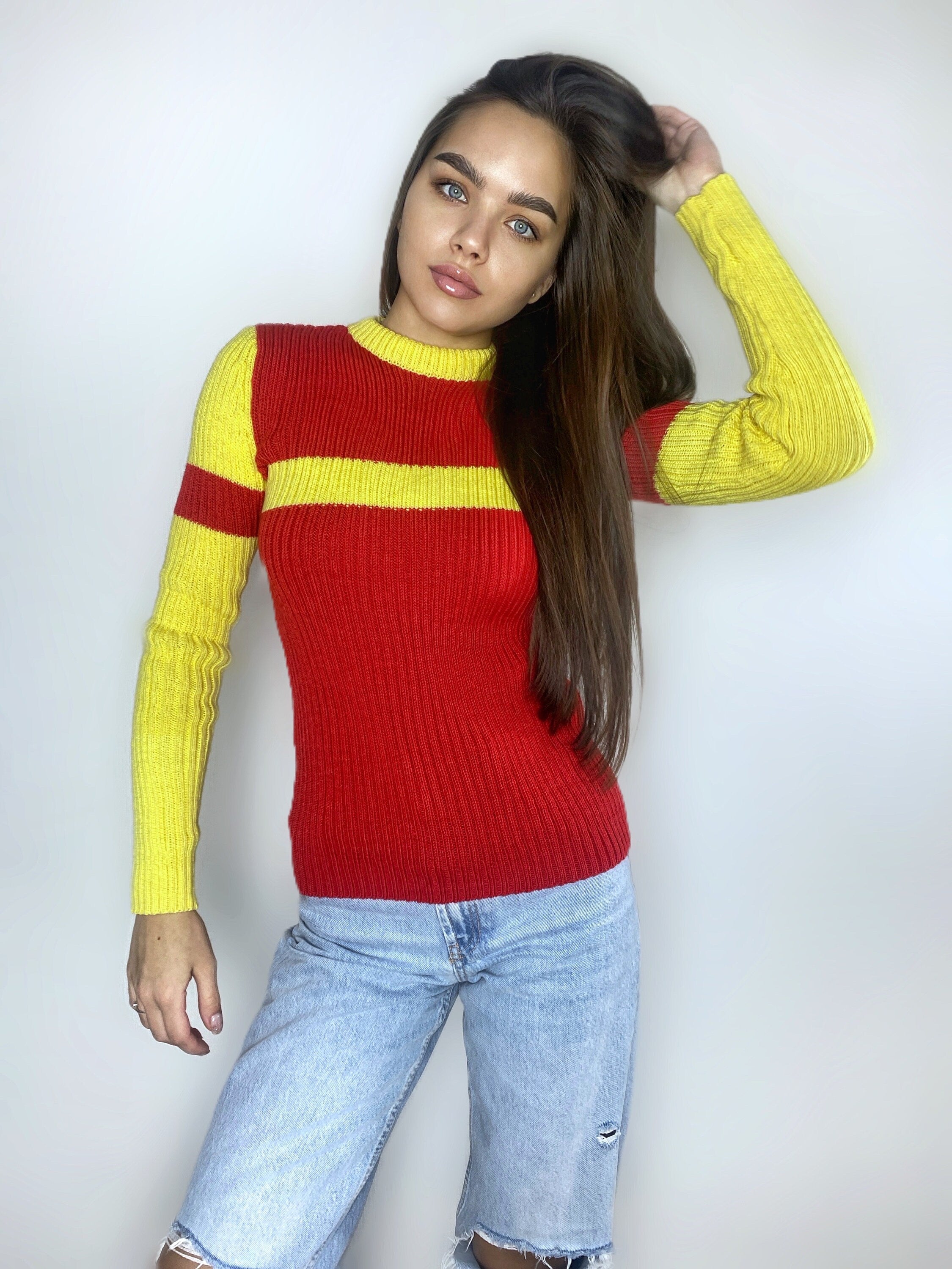 Red Yellow knitted sweater/knit woolen mens unisex sweater/red pullover/wool turtleneck/gender neutral sweater/chunky knit pullover