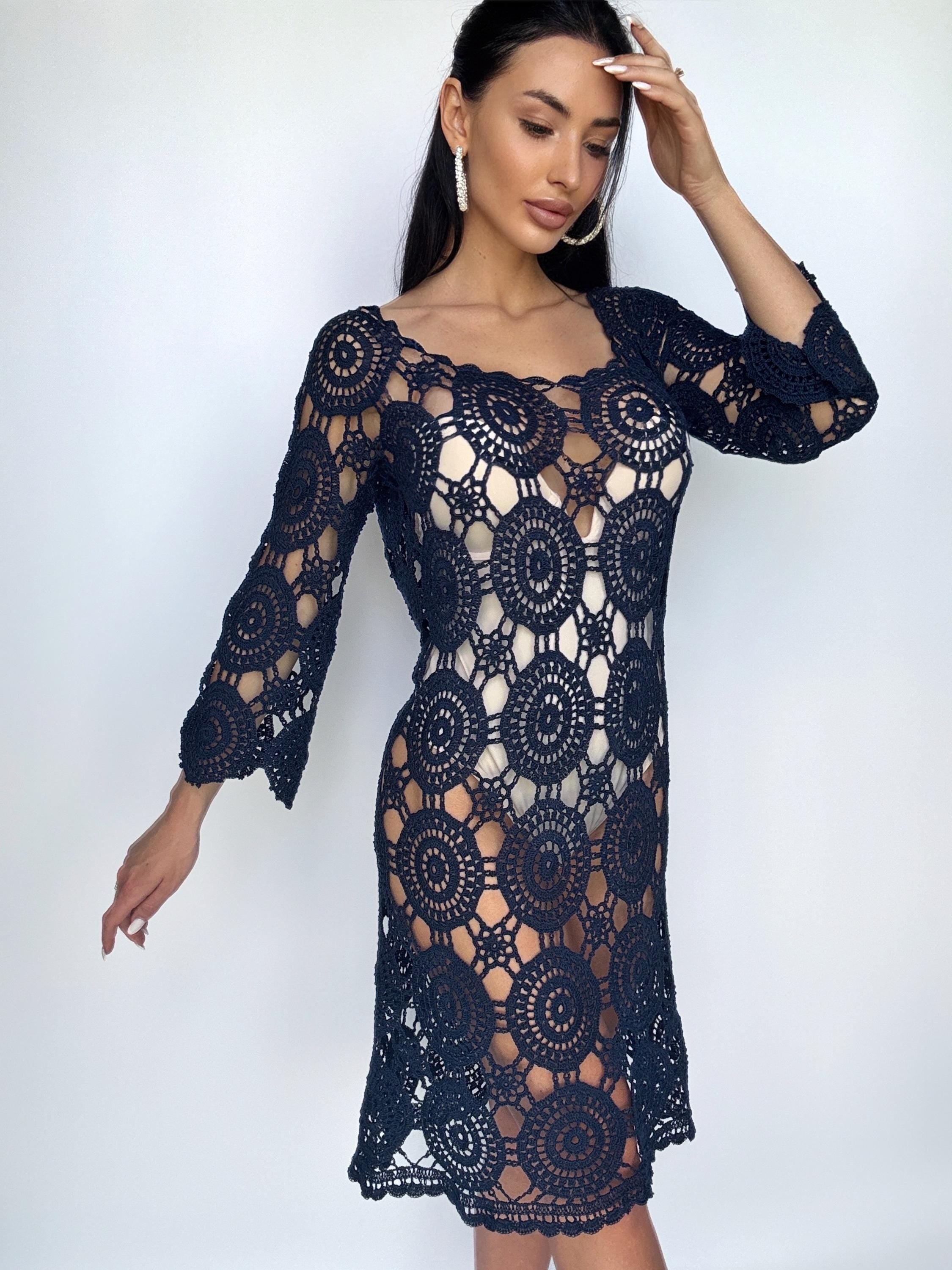 Beach dark blue dress crochet Cover-Ups Mini blue cover-ups Cotton crochet dress open back crochet vintage beachwear Lace crochet dress