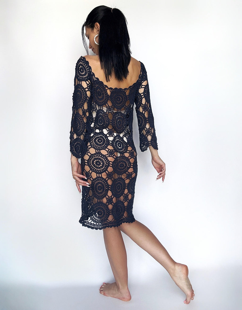 Beach dark blue dress crochet Cover-Ups Mini blue cover-ups Cotton crochet dress open back crochet vintage beachwear Lace crochet dress