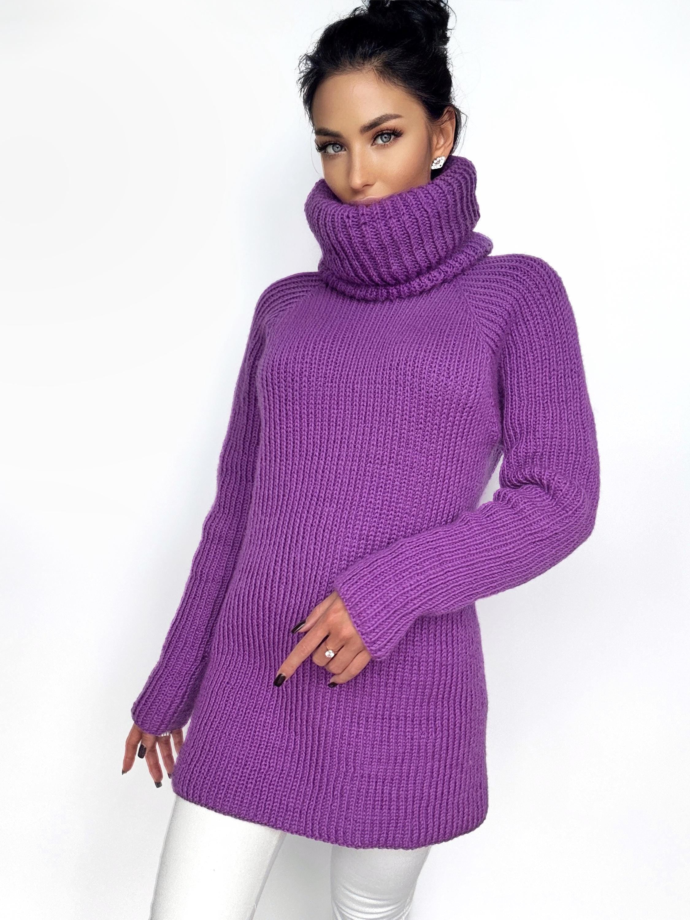 Hand knit purple merino wool big high collar long sleeves sweater Cable Knit Turtleneck wool pullover Womens Chunky knit sweater dress