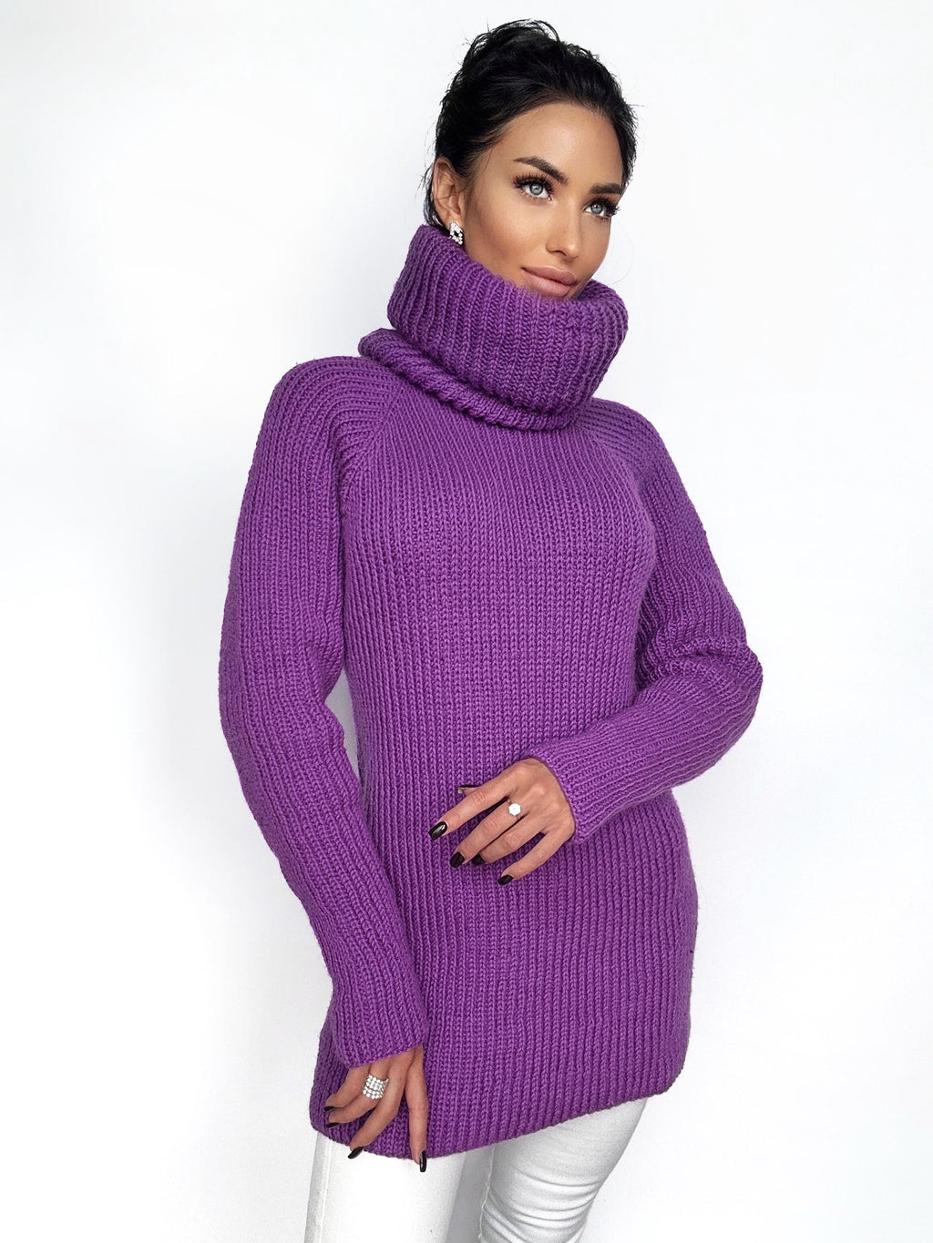 Hand knit purple merino wool big high collar long sleeves sweater Cable Knit Turtleneck wool pullover Womens Chunky knit sweater dress