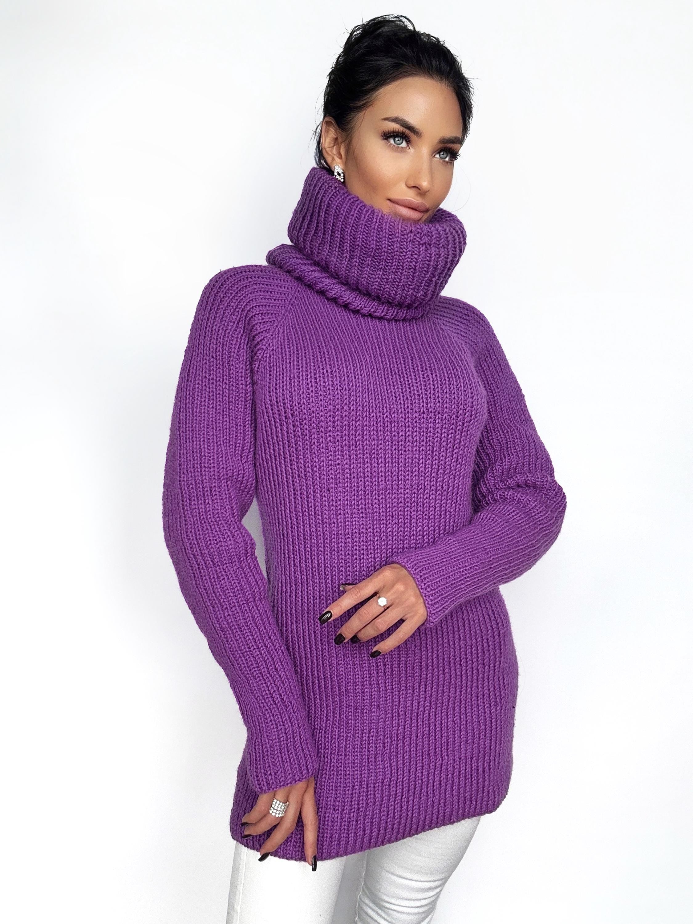 Hand knit purple merino wool big high collar long sleeves sweater Cable Knit Turtleneck wool pullover Womens Chunky knit sweater dress