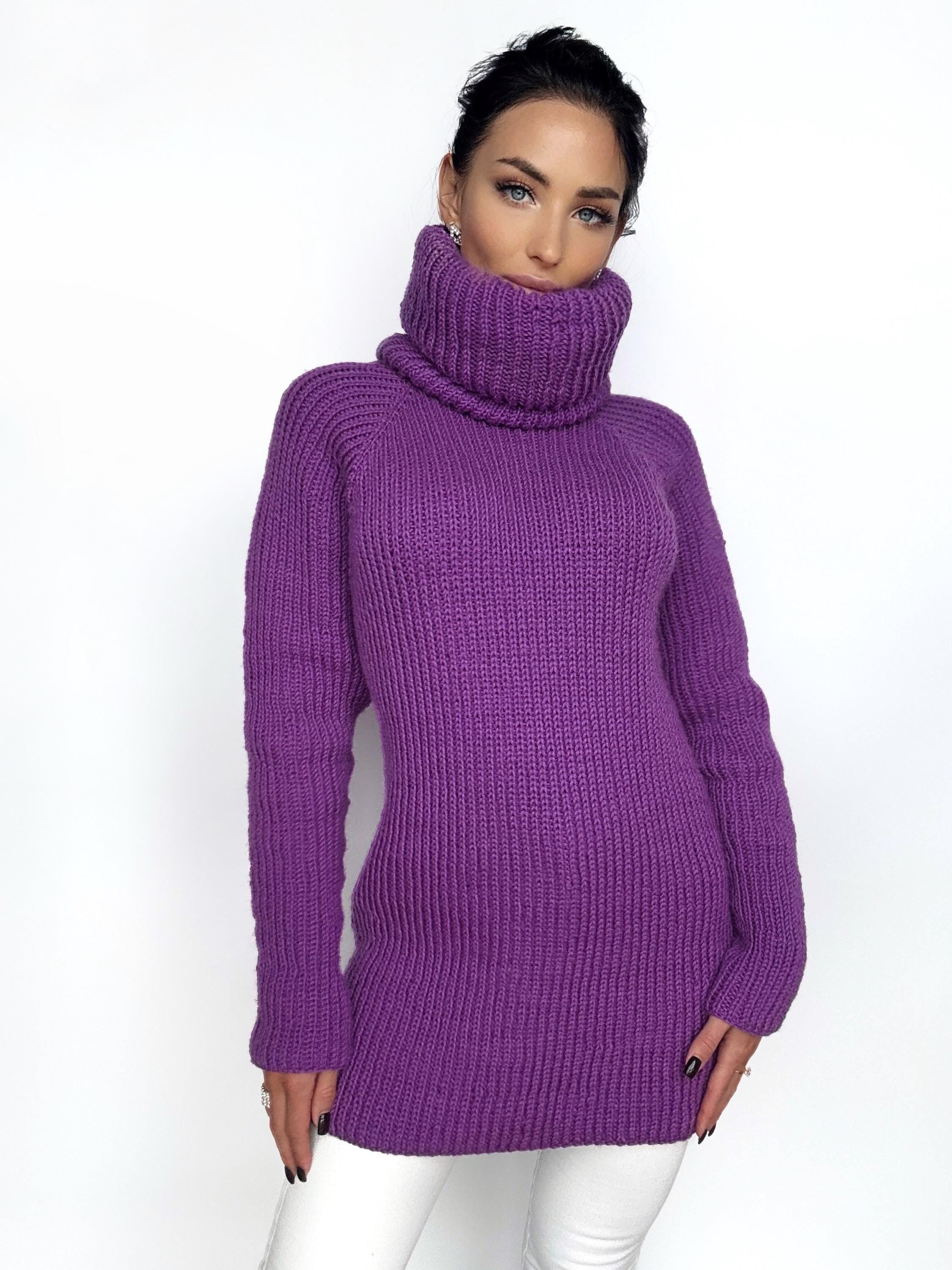 Hand knit purple merino wool big high collar long sleeves sweater Cable Knit Turtleneck wool pullover Womens Chunky knit sweater dress