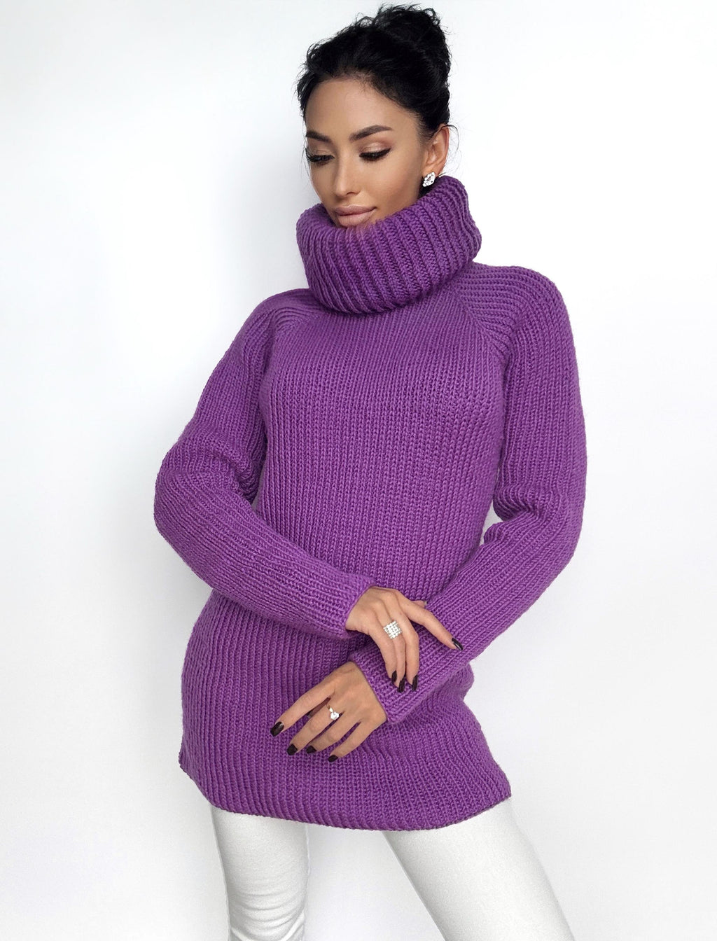 Hand knit purple merino wool big high collar long sleeves sweater Cable Knit Turtleneck wool pullover Womens Chunky knit sweater dress