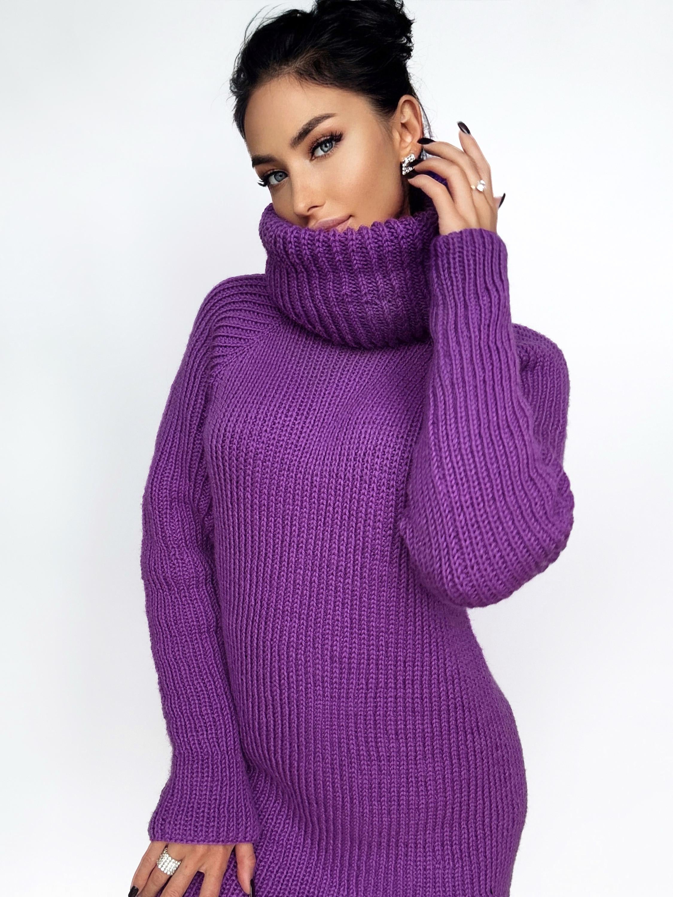 Hand knit purple merino wool big high collar long sleeves sweater Cable Knit Turtleneck wool pullover Womens Chunky knit sweater dress