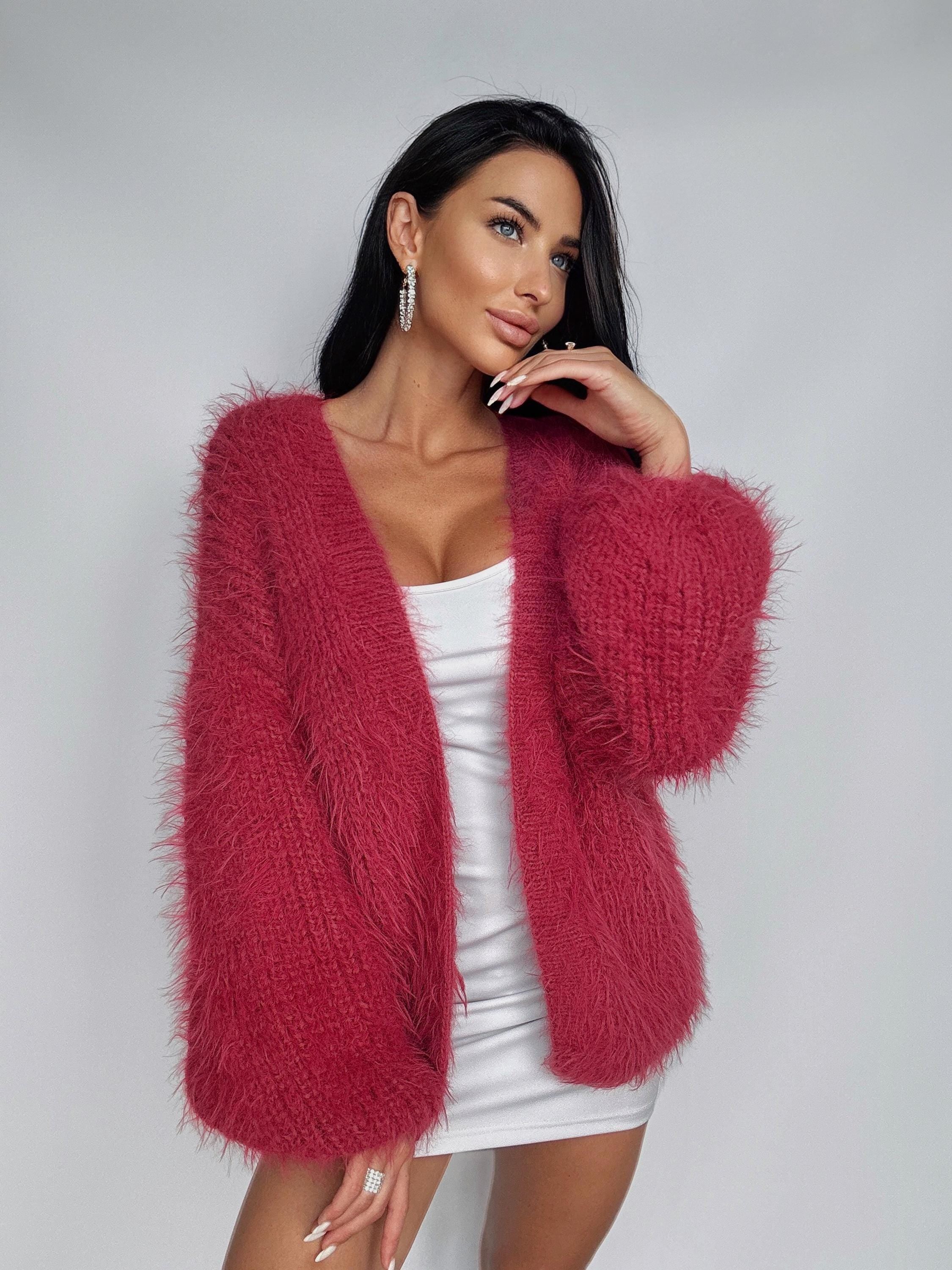 Hand knit red pink fluffy merino wool mix cardigan women Wedding wool cardigan Fall shaggy sweater Coat Jacket Women Bridal shrug bolero