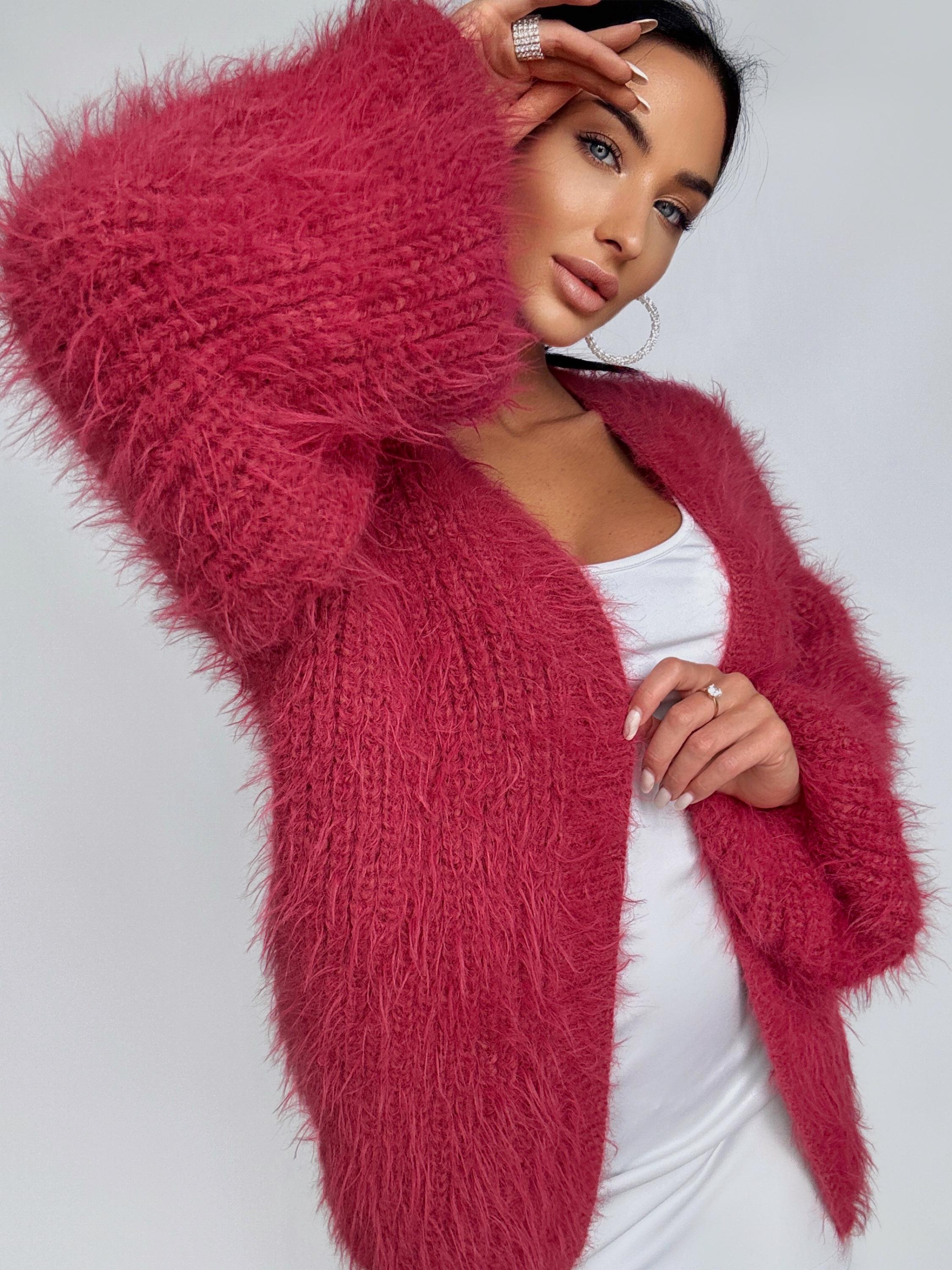 Hand knit red pink fluffy merino wool mix cardigan women Wedding wool cardigan Fall shaggy sweater Coat Jacket Women Bridal shrug bolero