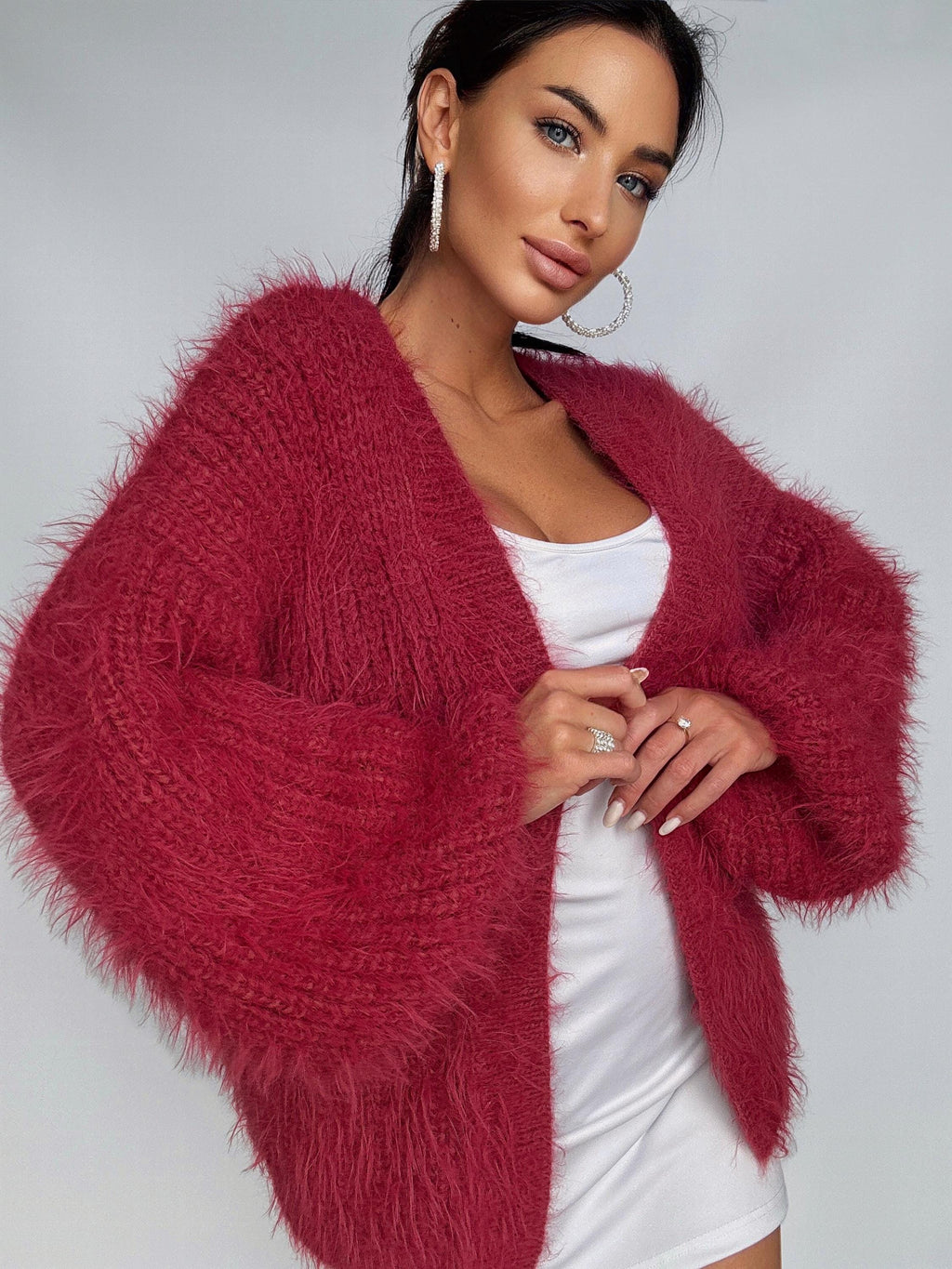 Hand knit red pink fluffy merino wool mix cardigan women Wedding wool cardigan Fall shaggy sweater Coat Jacket Women Bridal shrug bolero