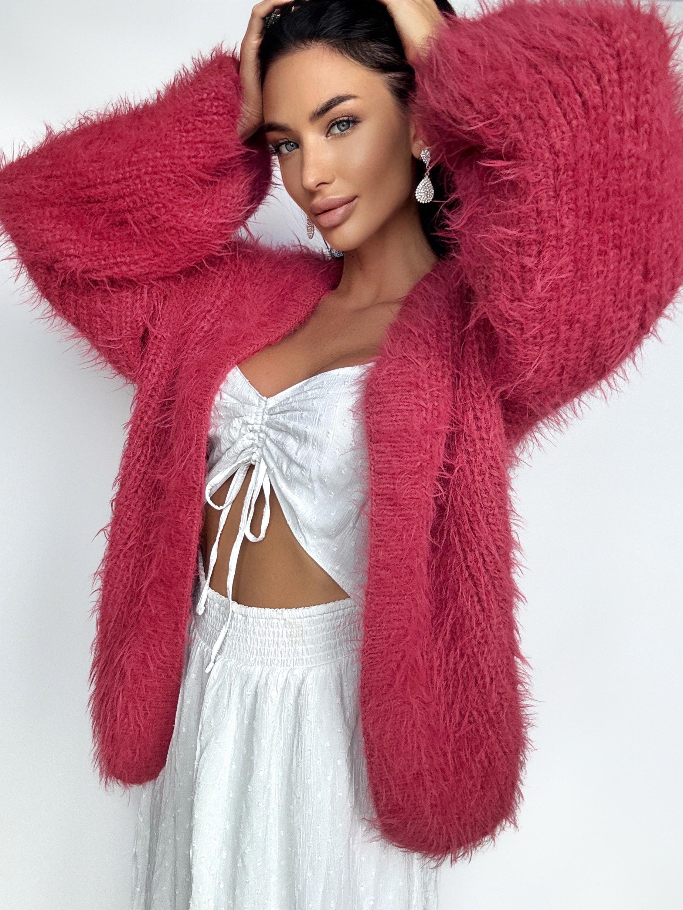 Hand knit red pink fluffy merino wool mix cardigan women Wedding wool cardigan Fall shaggy sweater Coat Jacket Women Bridal shrug bolero