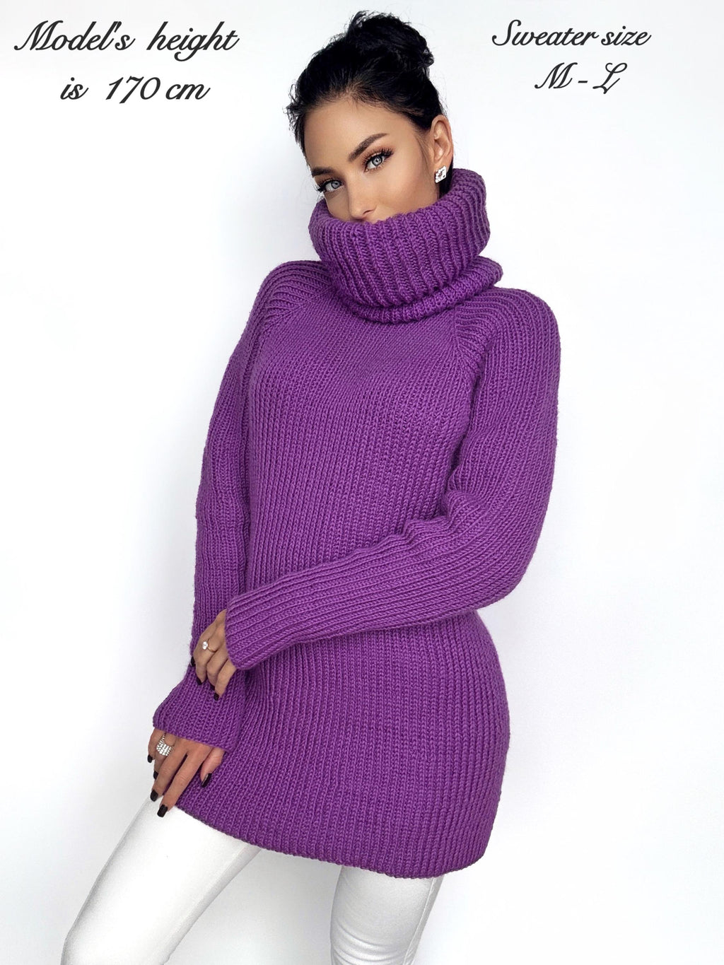 Hand knit purple merino wool big high collar long sleeves sweater Cable Knit Turtleneck wool pullover Womens Chunky knit sweater dress