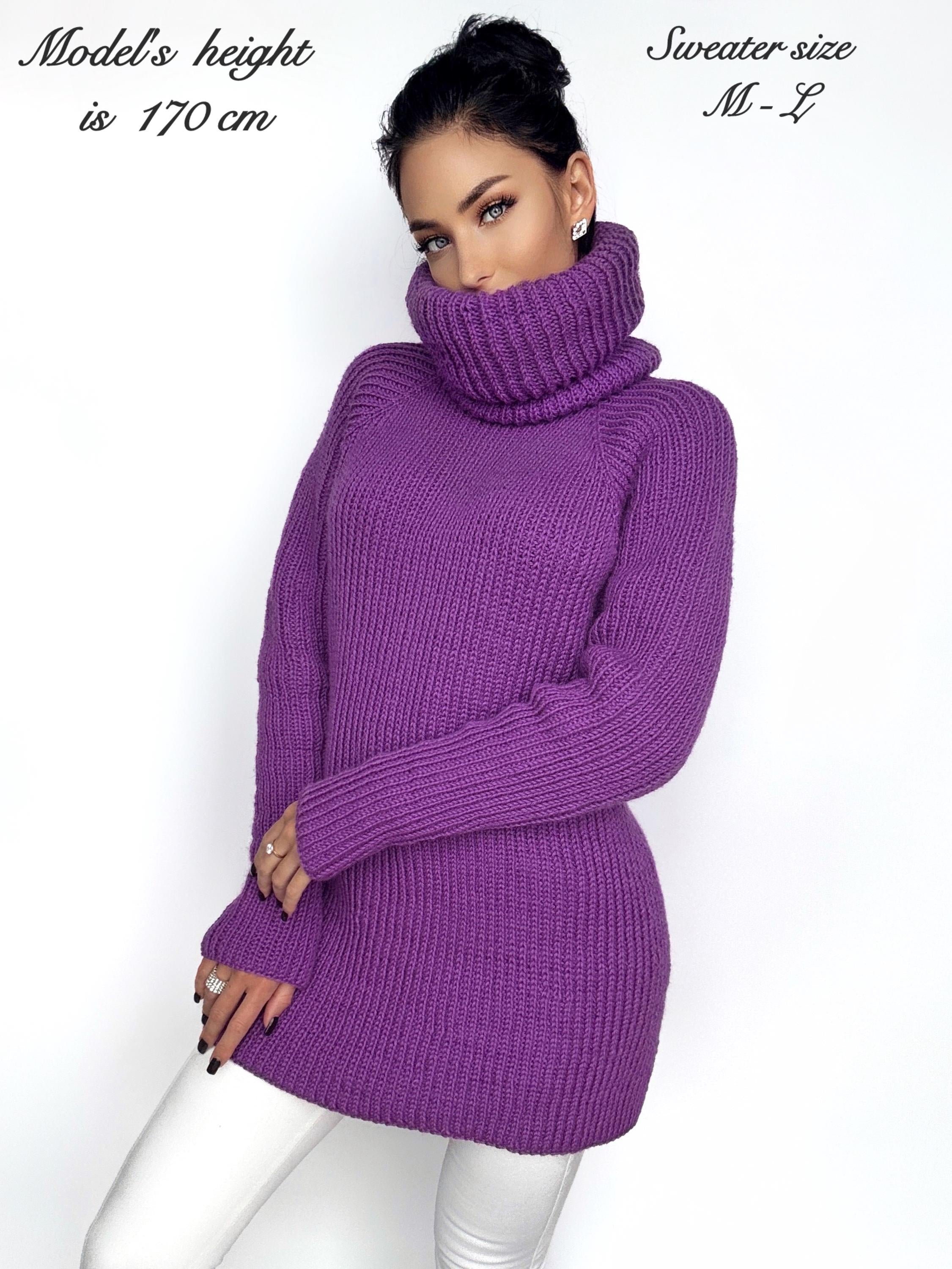 Hand knit purple merino wool big high collar long sleeves sweater Cable Knit Turtleneck wool pullover Womens Chunky knit sweater dress