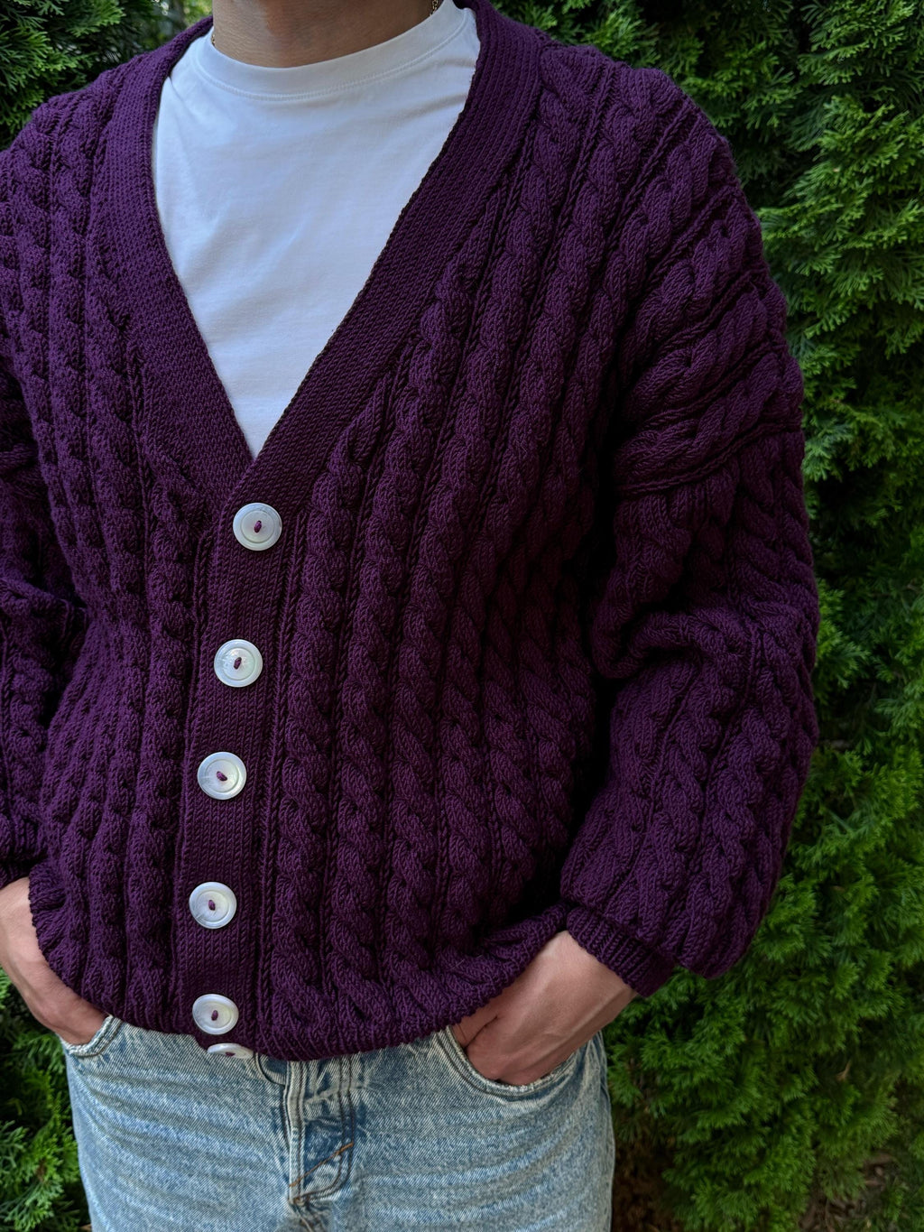 Chunky knit mens merino wool dark purple sweater cardigan Cable knit cardigan Cozy wool dark purple cardigan knitted jacket Gift for him