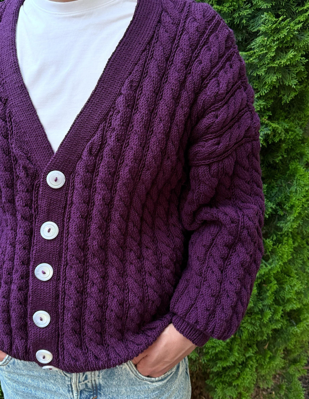 Hand knit chunky mens merino wool purple cardigan Cable knit cardigan sweater Cozy wool dark purple cardigan knitted jacket Gift for him
