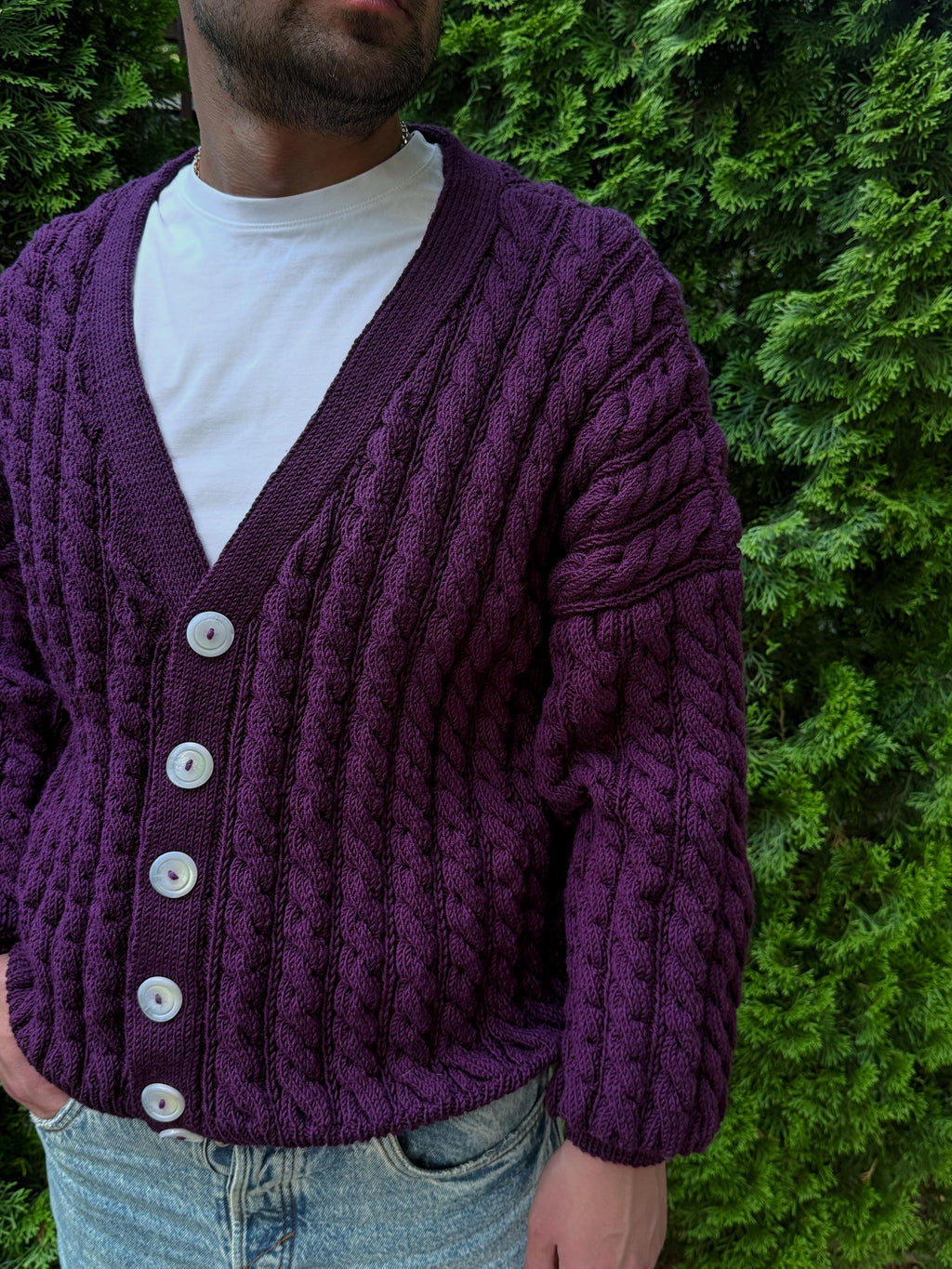 Chunky knit mens merino wool dark purple sweater cardigan Cable knit cardigan Cozy wool dark purple cardigan knitted jacket Gift for him