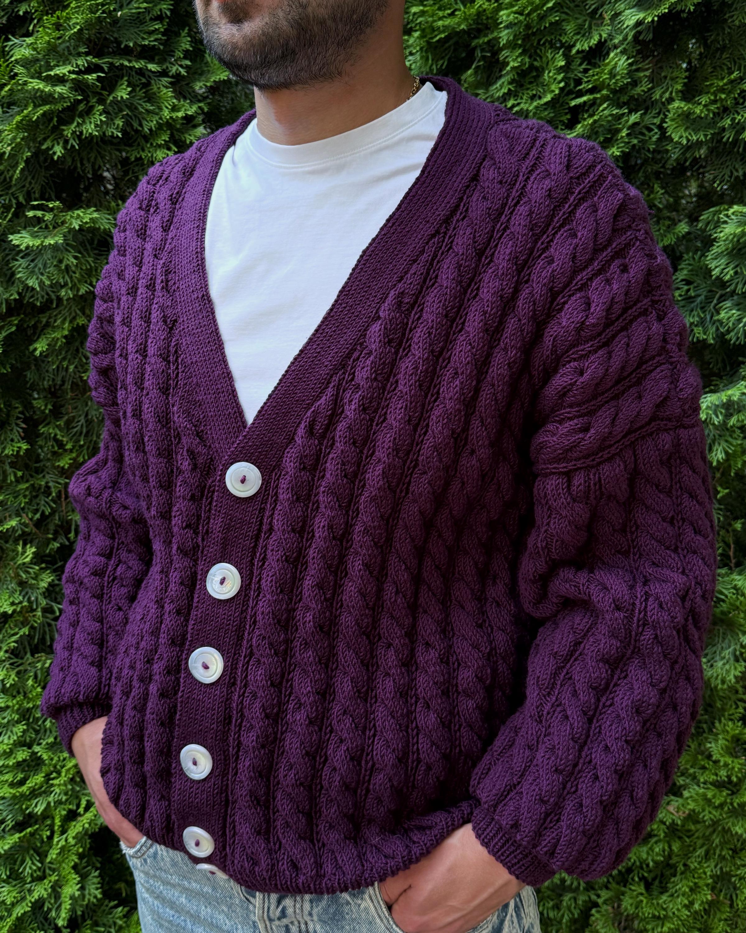 Chunky knit mens merino wool dark purple sweater cardigan Cable knit cardigan Cozy wool dark purple cardigan knitted jacket Gift for him