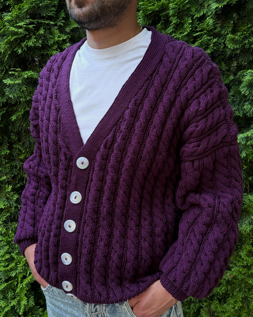 Hand knit chunky mens merino wool purple cardigan Cable knit cardigan sweater Cozy wool dark purple cardigan knitted jacket Gift for him