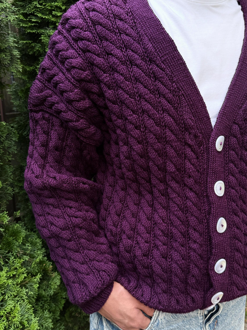Hand knit chunky mens merino wool purple cardigan Cable knit cardigan sweater Cozy wool dark purple cardigan knitted jacket Gift for him