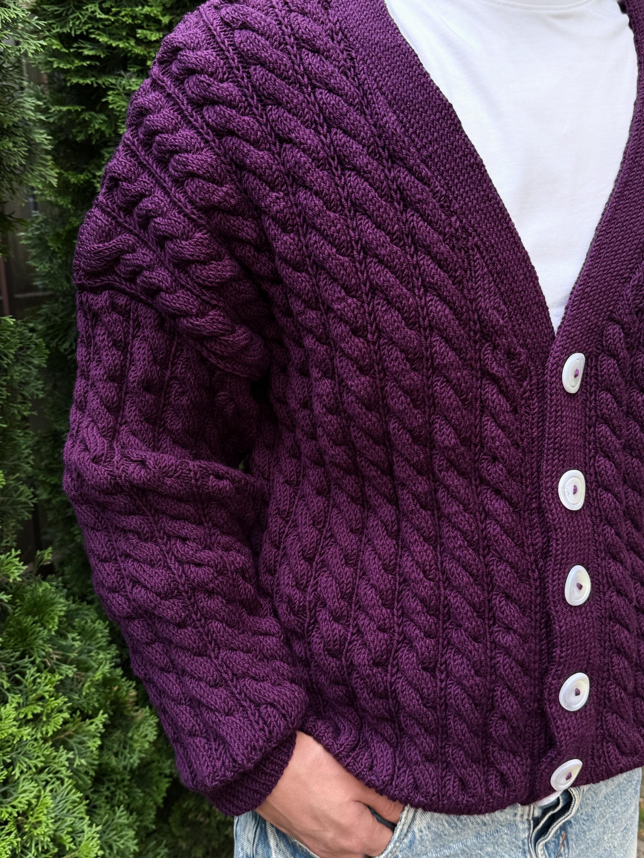 Hand knit chunky mens merino wool purple cardigan Cable knit cardigan sweater Cozy wool dark purple cardigan knitted jacket Gift for him