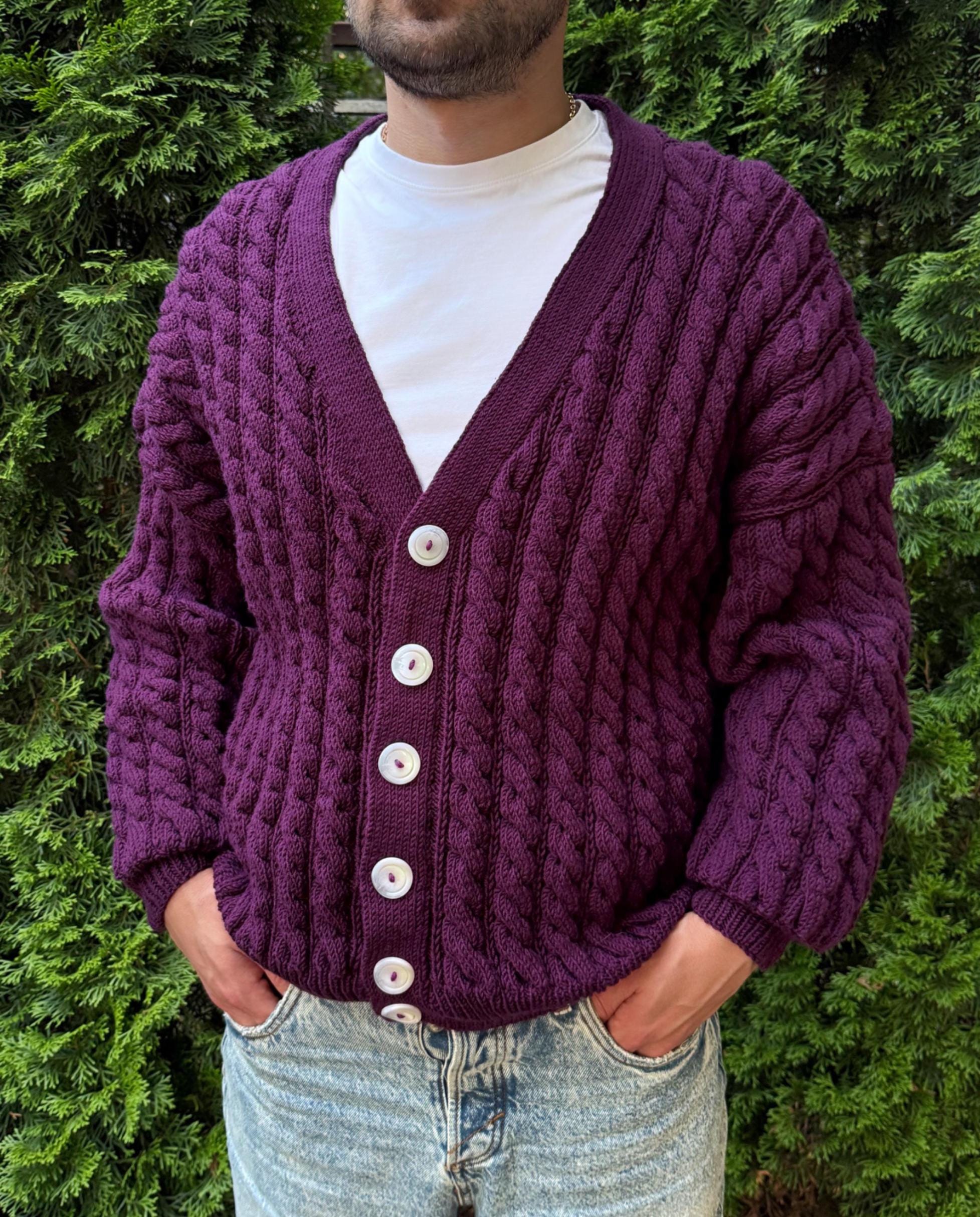 Hand knit chunky mens merino wool purple cardigan Cable knit cardigan sweater Cozy wool dark purple cardigan knitted jacket Gift for him