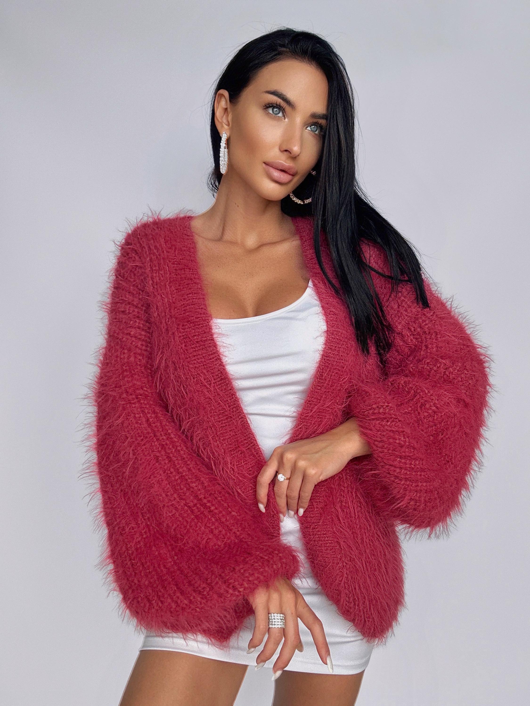 Hand knit red pink fluffy merino wool mix cardigan women Wedding wool cardigan Fall shaggy sweater Coat Jacket Women Bridal shrug bolero