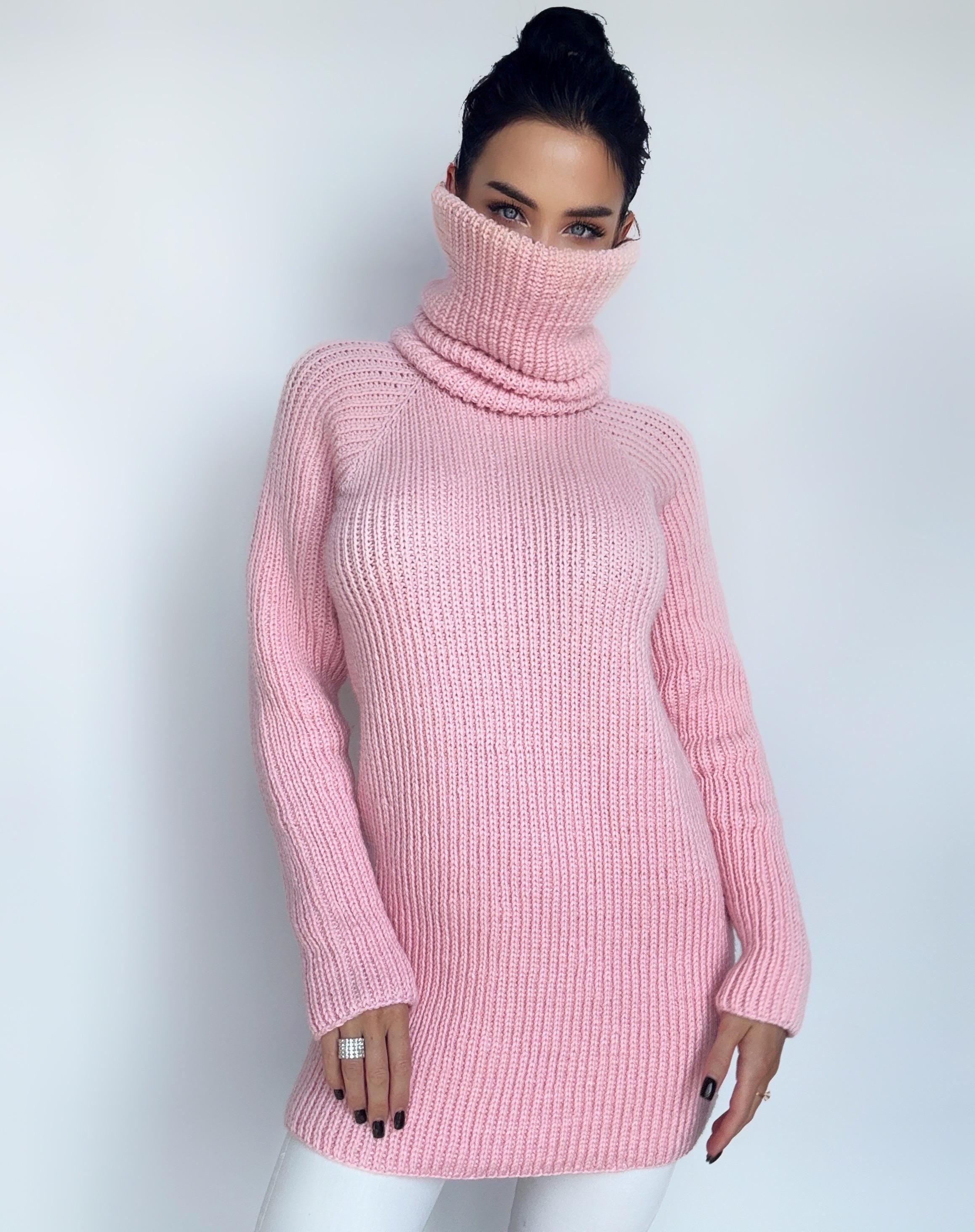 Hand knit merino wool pink big high collar long sleeves sweater unisex Cable Knit Turtleneck wool pullover Womens Chunky knit sweater dress
