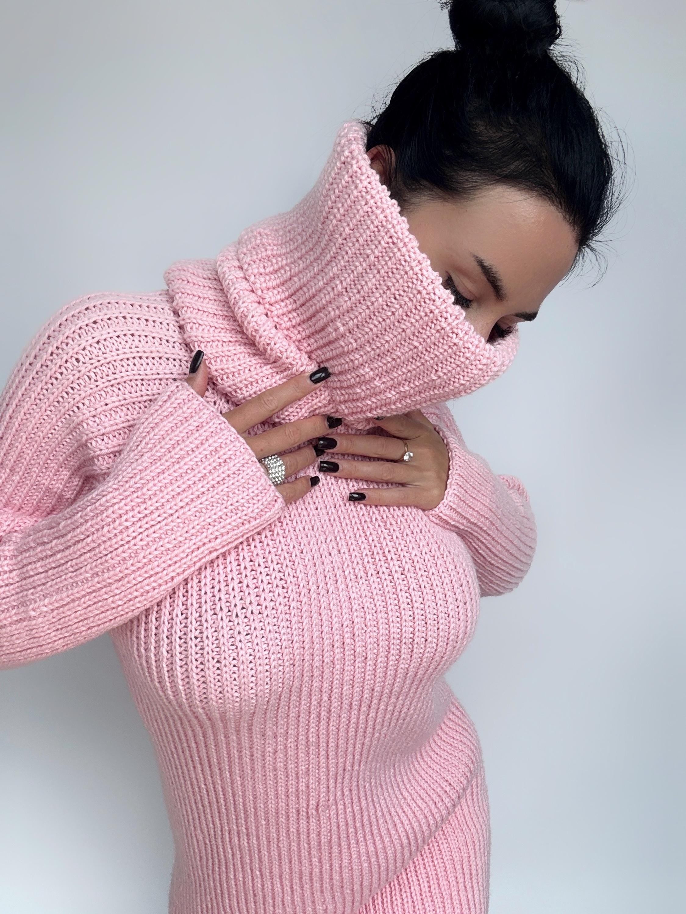 Hand knit merino wool pink big high collar long sleeves sweater unisex Cable Knit Turtleneck wool pullover Womens Chunky knit sweater dress