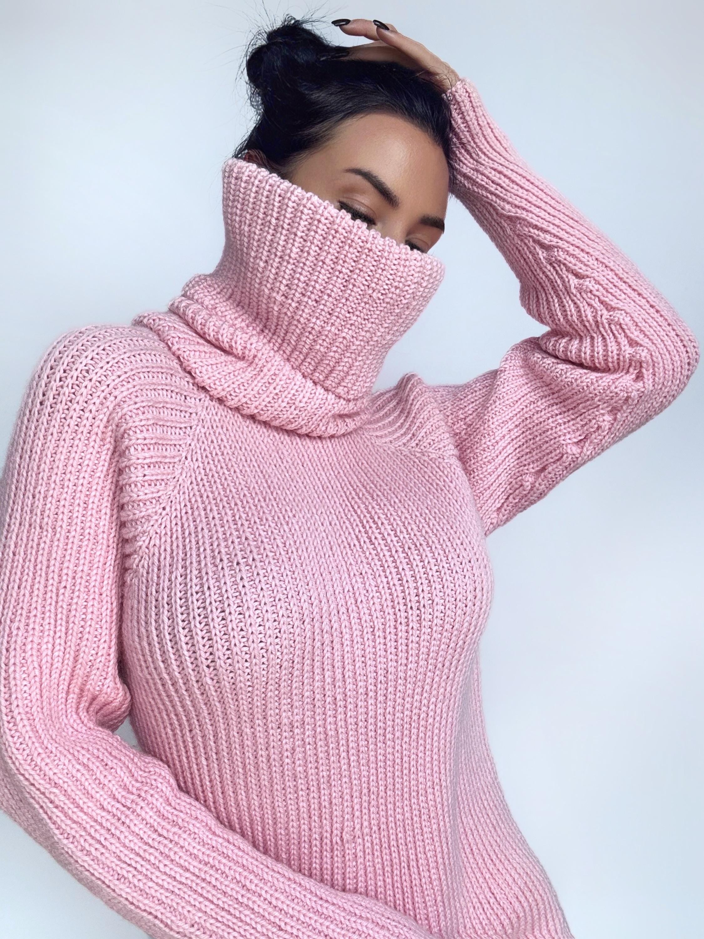 Hand knit merino wool pink big high collar long sleeves sweater unisex Cable Knit Turtleneck wool pullover Womens Chunky knit sweater dress