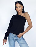 Knitted merino wool one sleeve one shoulde sweater for women’s off shoulder sweater Black crop wool pullover sweater top