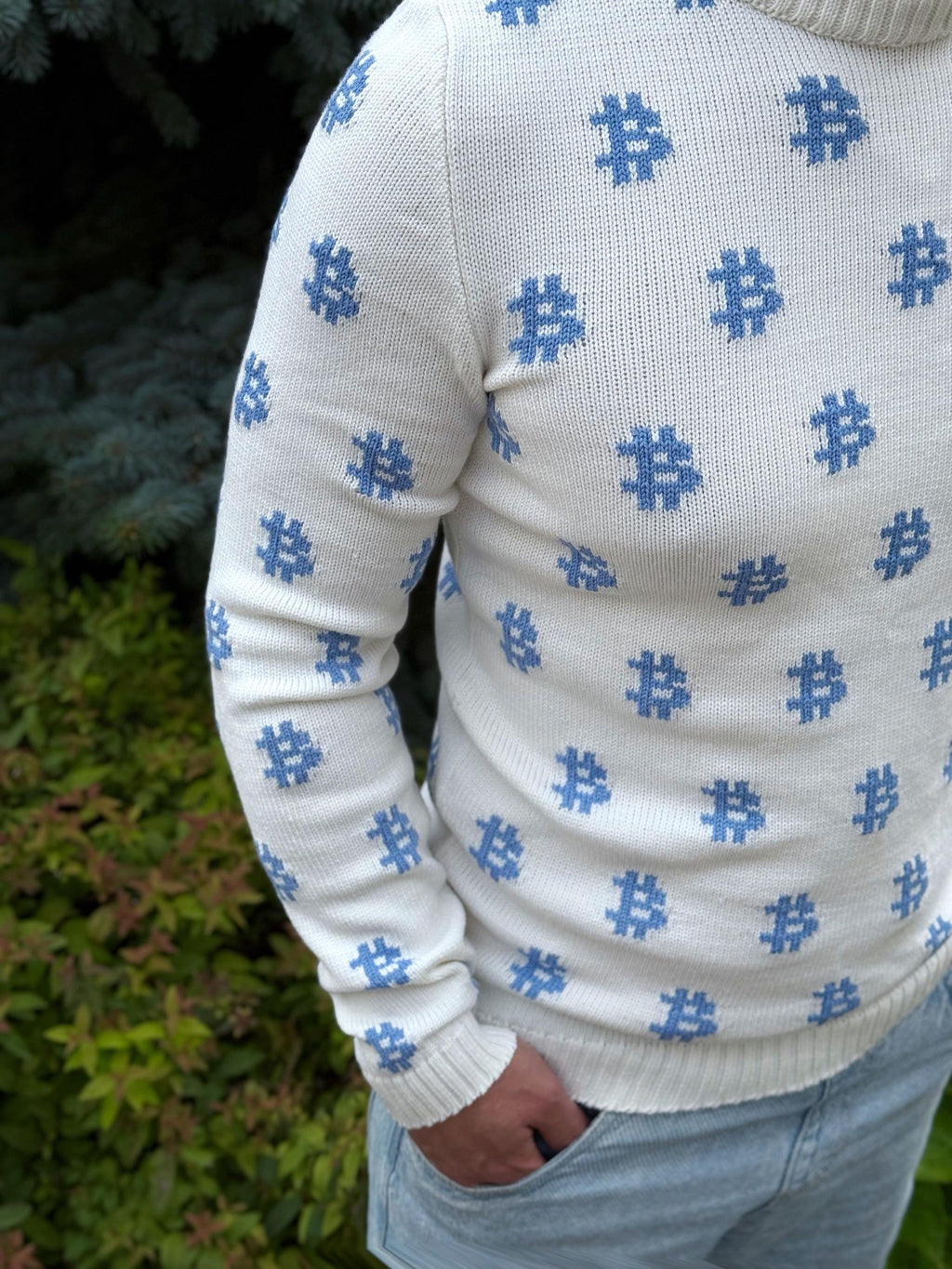 Men Bitcoin knit white blue sweater Crypto clothing Knitted merino funny sweater for him Bitcoin Unisex Crypto Sweater Funny Sweatshirt