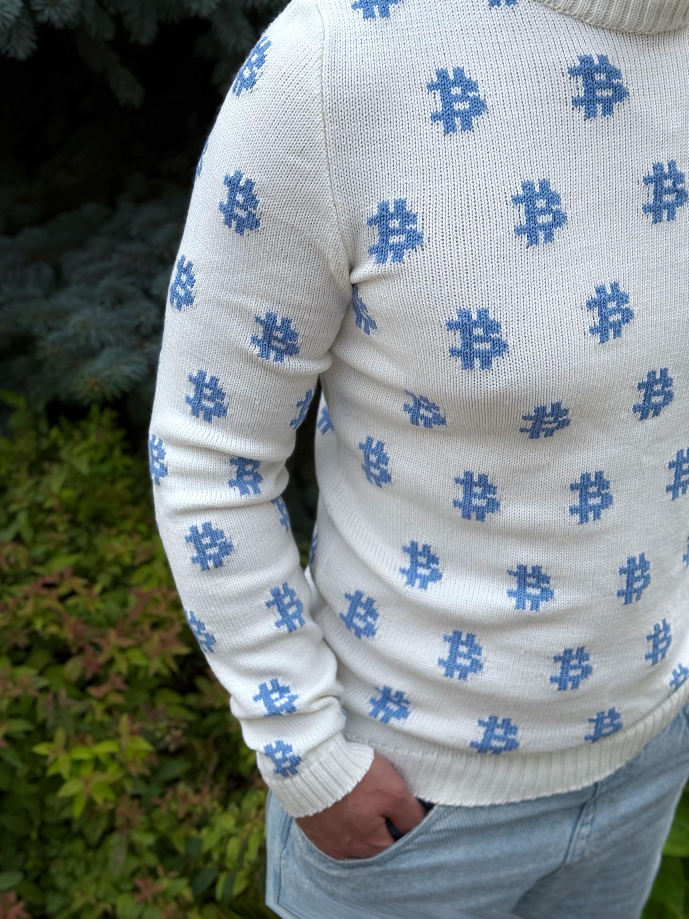Men Bitcoin knit white blue sweater Crypto clothing Knitted merino funny sweater for him Bitcoin Unisex Crypto Sweater Funny Sweatshirt