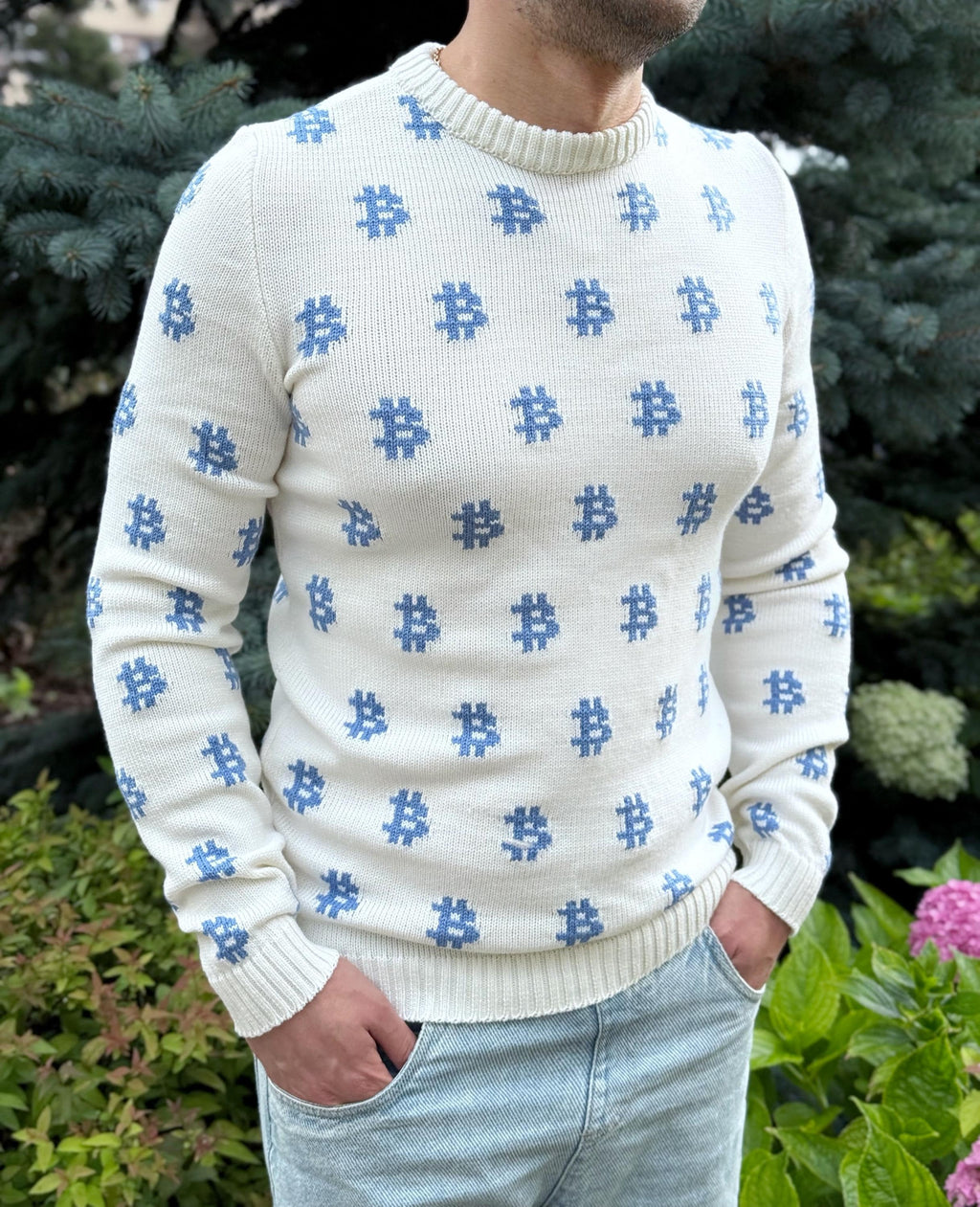 Men Bitcoin knit white blue sweater Crypto clothing Knitted merino funny sweater for him Bitcoin Unisex Crypto Sweater Funny Sweatshirt