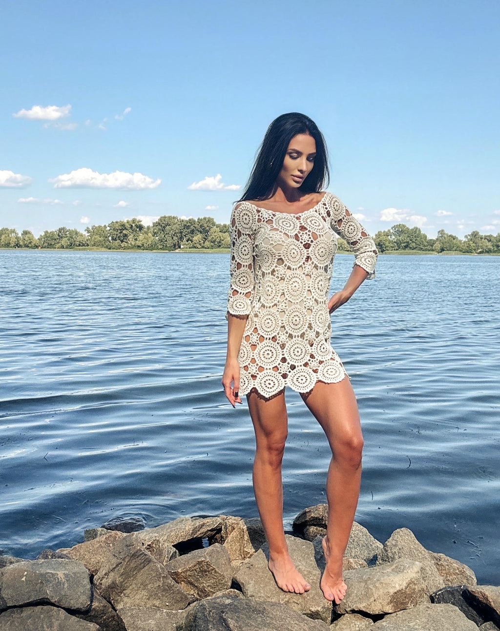 Crochet Beach Mini Cover Up Pastel Dress Women White Milk Boho Summer Swimwear Coverup Handmade Openwork Festival Outfit Vacation Dress