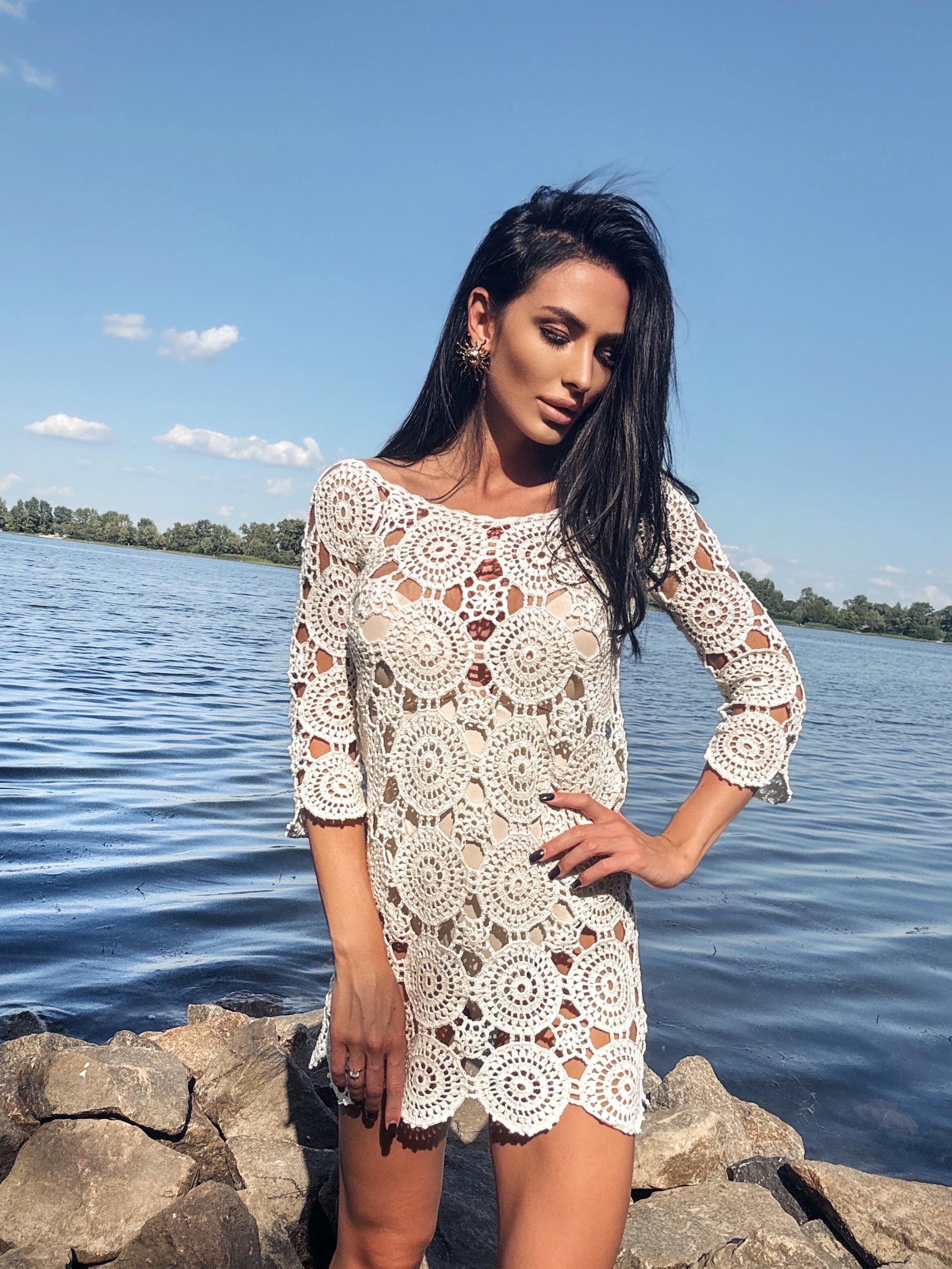 Crochet Beach Mini Cover Up Pastel Dress Women White Milk Boho Summer Swimwear Coverup Handmade Openwork Festival Outfit Vacation Dress