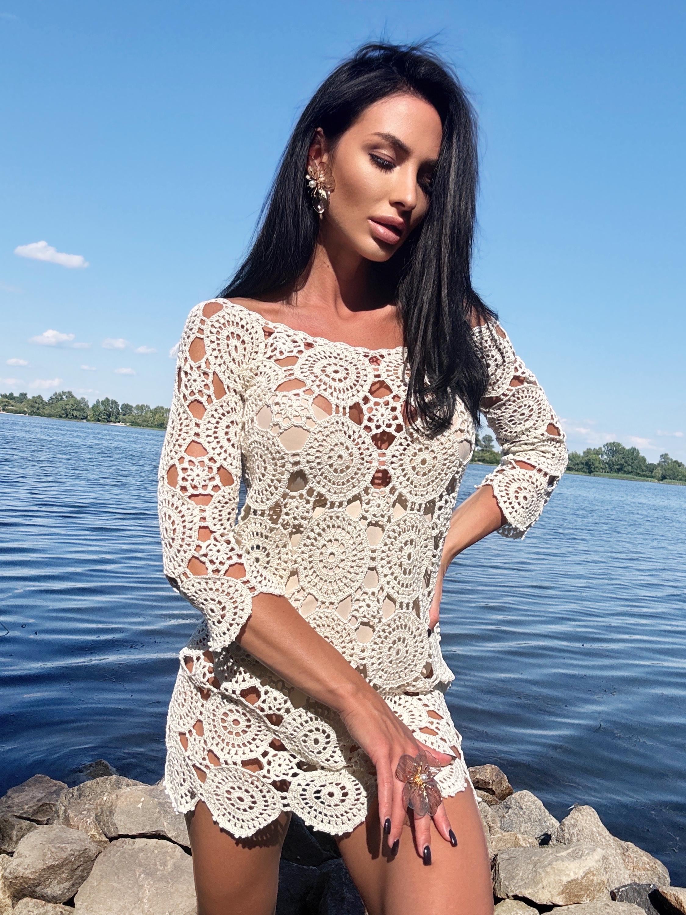 Crochet Beach Mini Cover Up Pastel Dress Women White Milk Boho Summer Swimwear Coverup Handmade Openwork Festival Outfit Vacation Dress