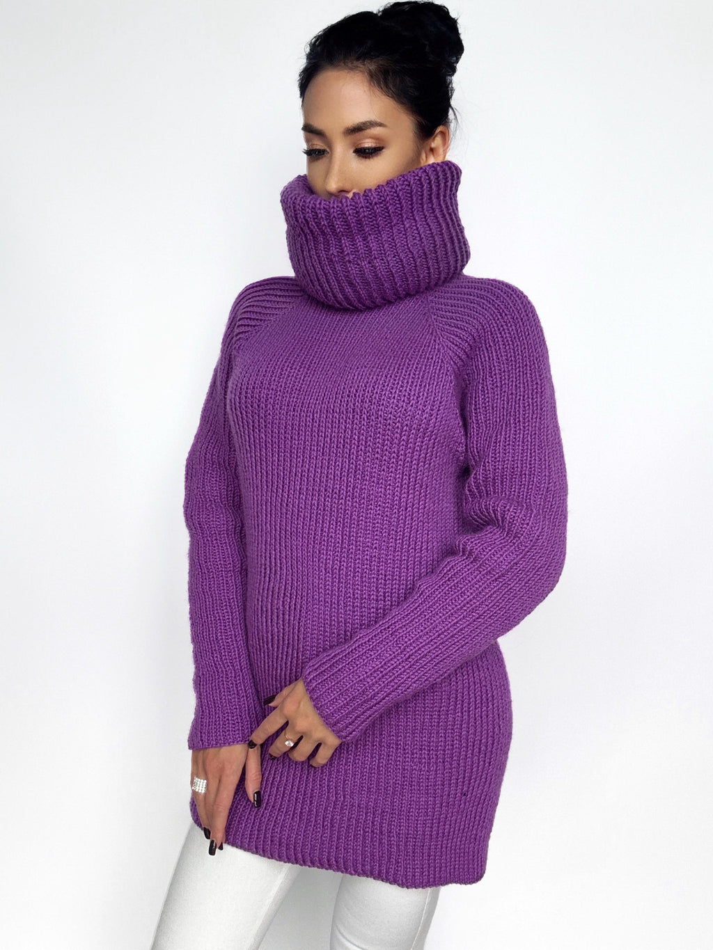 Hand knit purple merino wool big high collar long sleeves sweater Cable Knit Turtleneck wool pullover Womens Chunky knit sweater dress