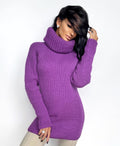 Hand knit purple merino wool big high collar long sleeves sweater Cable Knit Turtleneck wool pullover Womens Chunky knit sweater dress