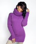 Hand knit purple merino wool big high collar long sleeves sweater Cable Knit Turtleneck wool pullover Womens Chunky knit sweater dress