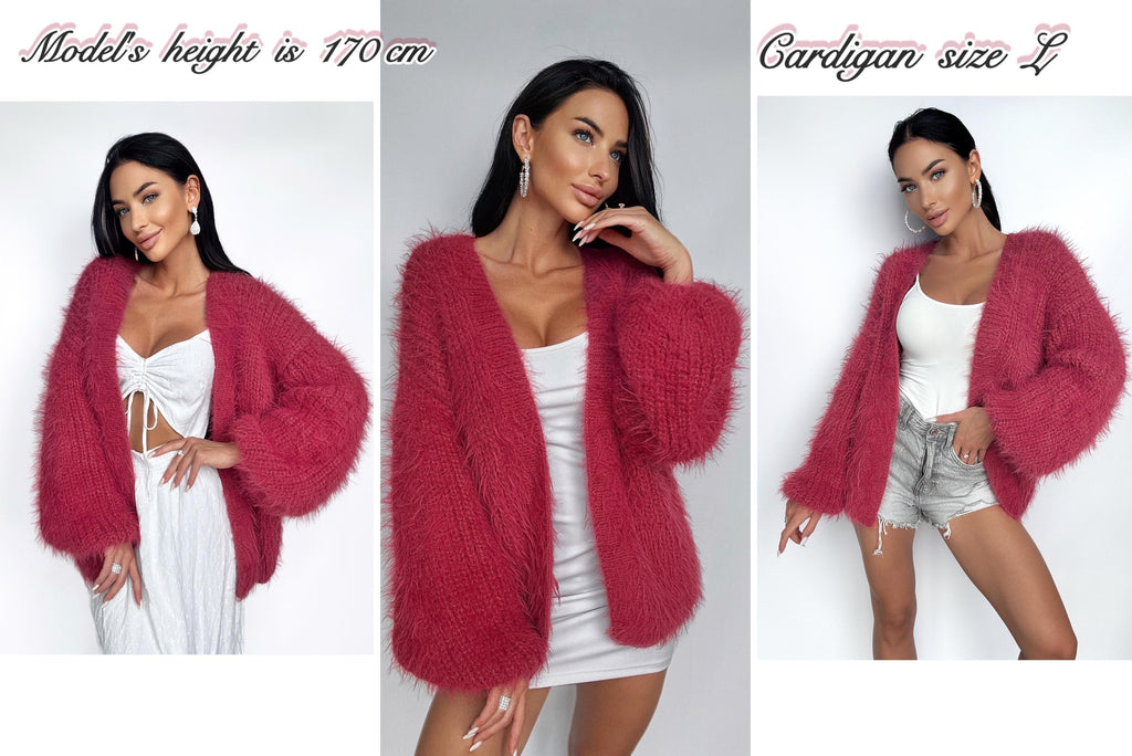 Hand knit red pink fluffy merino wool mix cardigan women Wedding wool cardigan Fall shaggy sweater Coat Jacket Women Bridal shrug bolero