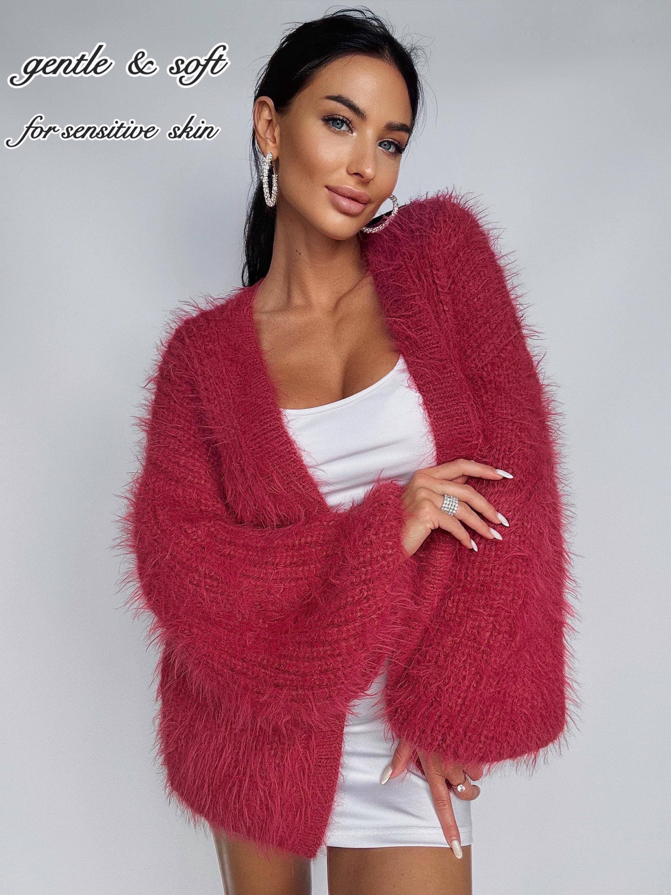 Hand knit red pink fluffy merino wool mix cardigan women Wedding wool cardigan Fall shaggy sweater Coat Jacket Women Bridal shrug bolero