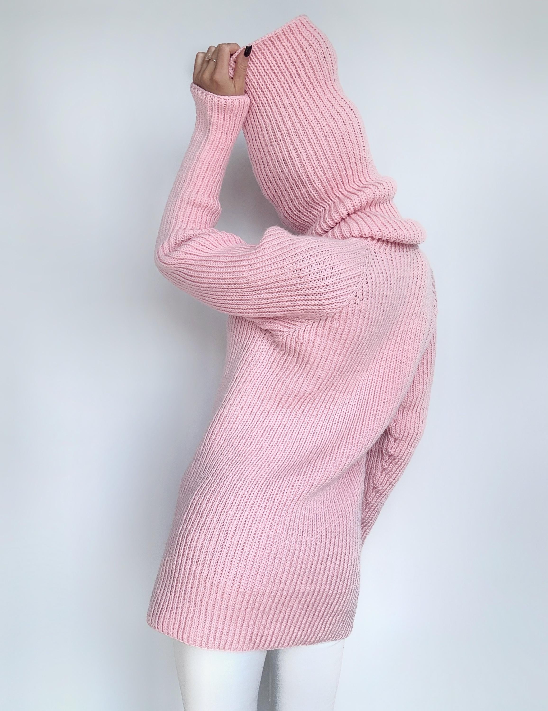 Hand knit merino wool pink big high collar long sleeves sweater unisex Cable Knit Turtleneck wool pullover Womens Chunky knit sweater dress