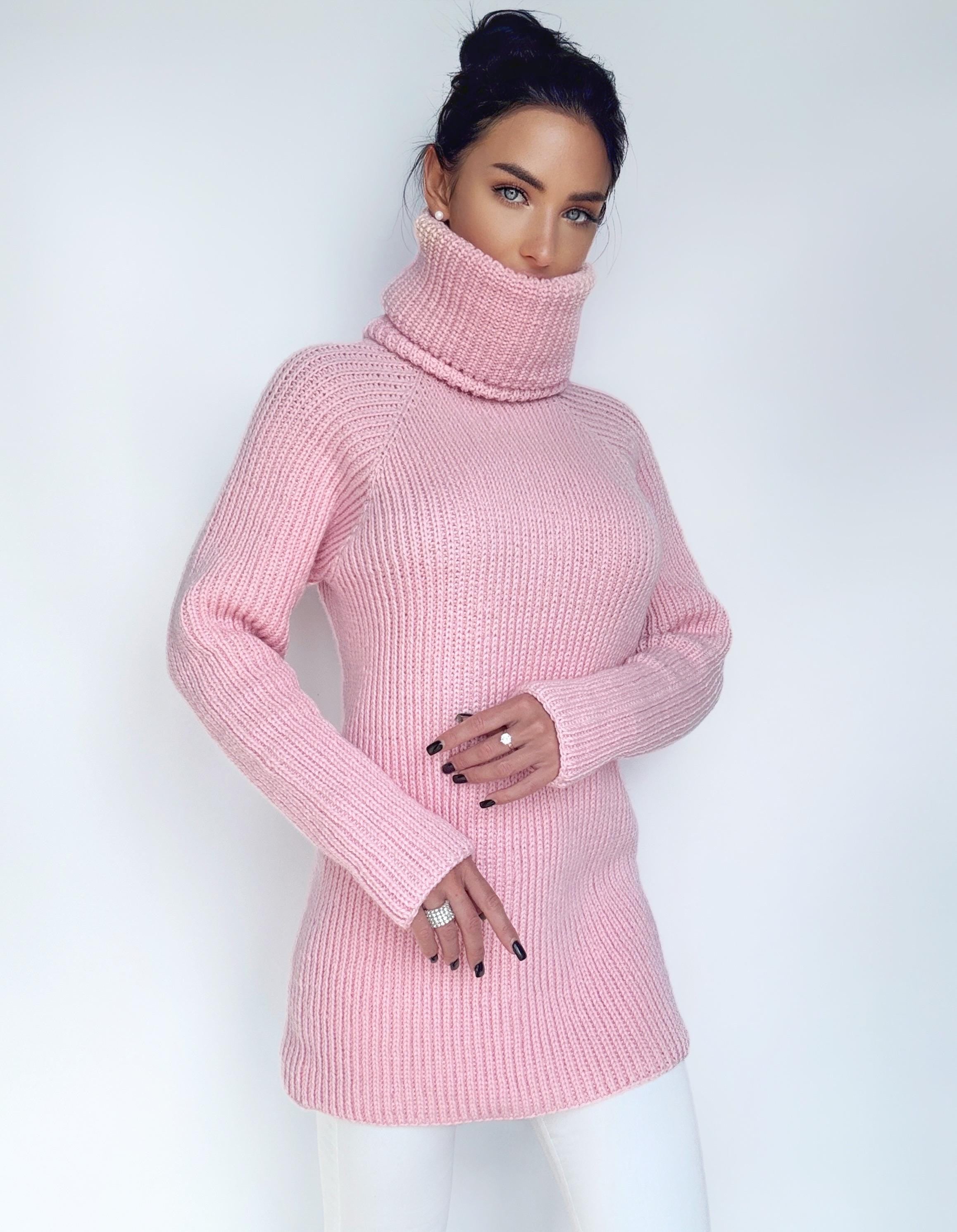 Hand knit merino wool pink big high collar long sleeves sweater unisex Cable Knit Turtleneck wool pullover Womens Chunky knit sweater dress