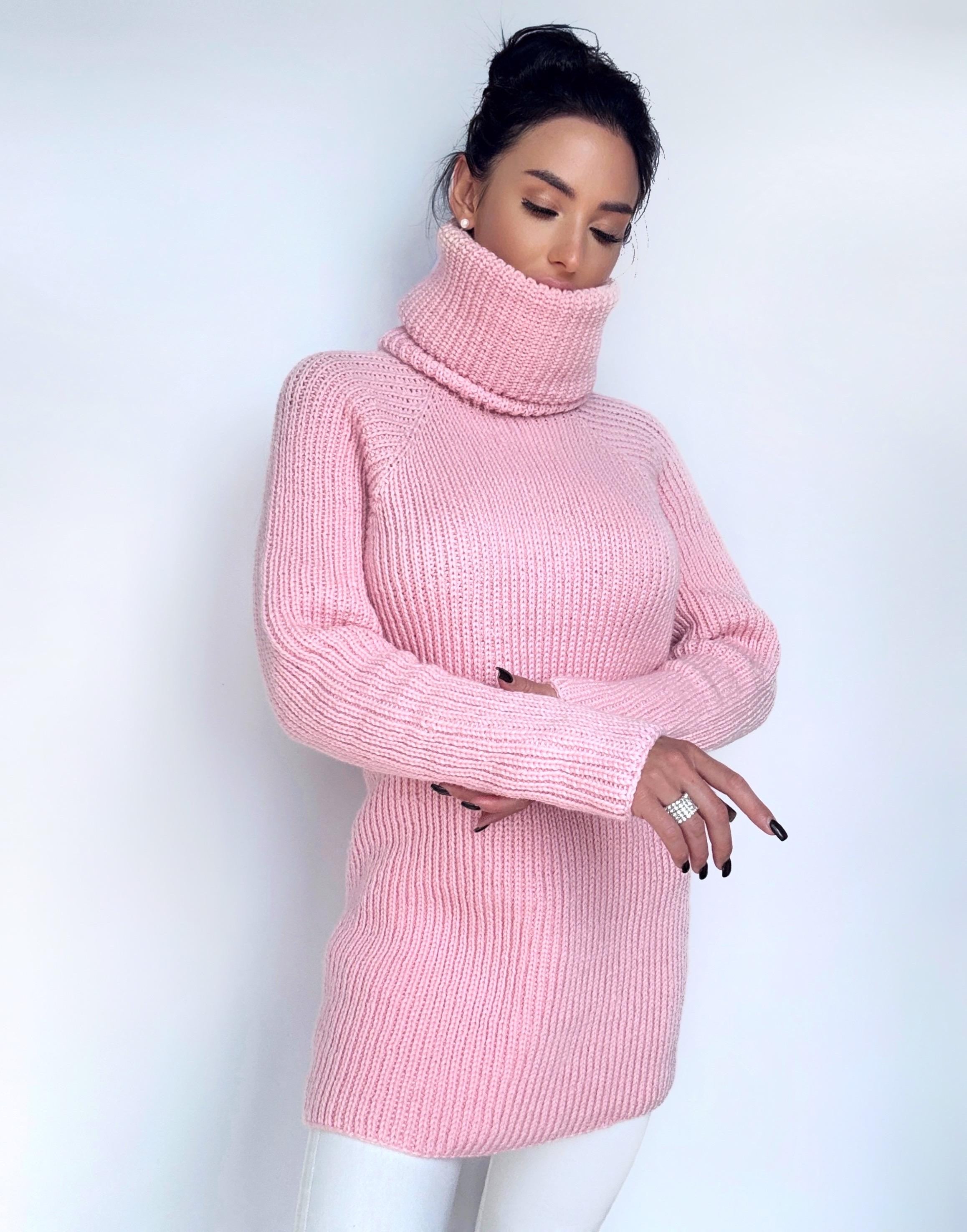Hand knit merino wool pink big high collar long sleeves sweater unisex Cable Knit Turtleneck wool pullover Womens Chunky knit sweater dress