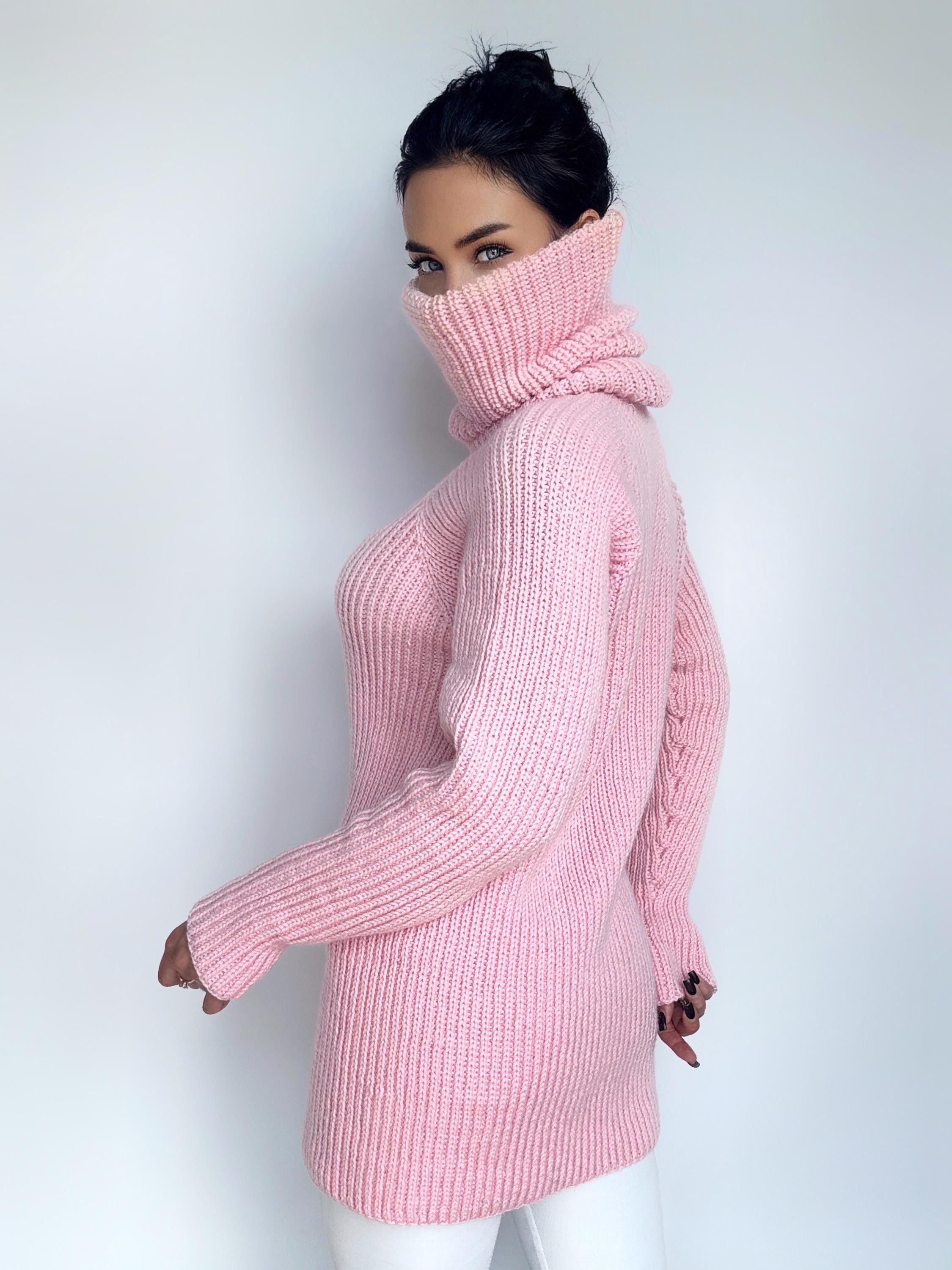 Hand knit merino wool pink big high collar long sleeves sweater unisex Cable Knit Turtleneck wool pullover Womens Chunky knit sweater dress