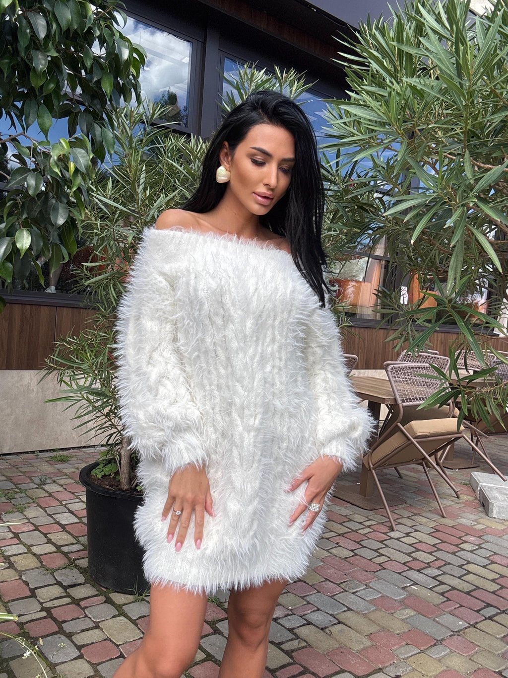 Hand knit Gray Silver fluffy women off shoulder sweater dress Long Cable knit merino wool sweater open shoulders dress Big aran long sweate