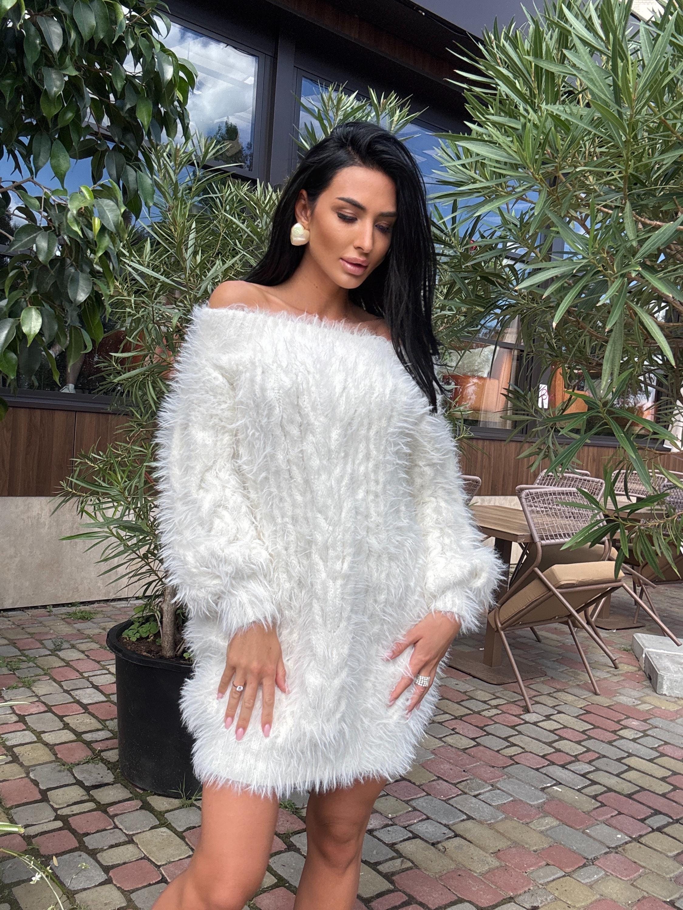 Hand knit fluffy white grey women off shoulder sweater dress Long Cable wool sweater Knitted one shoulder dress Big cozy