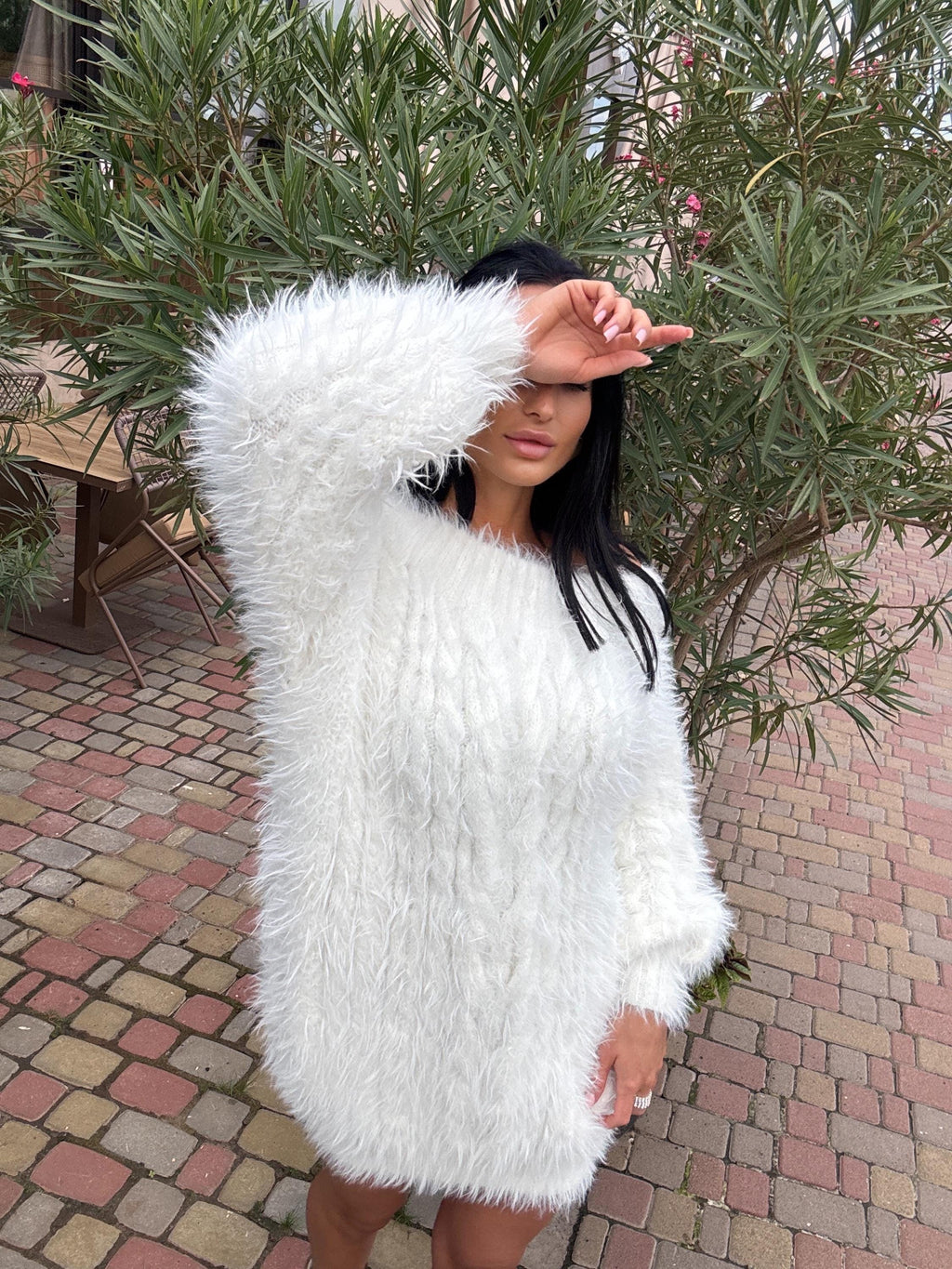 Hand knit fluffy white grey women off shoulder sweater dress Long Cable wool sweater Knitted one shoulder dress Big cozy