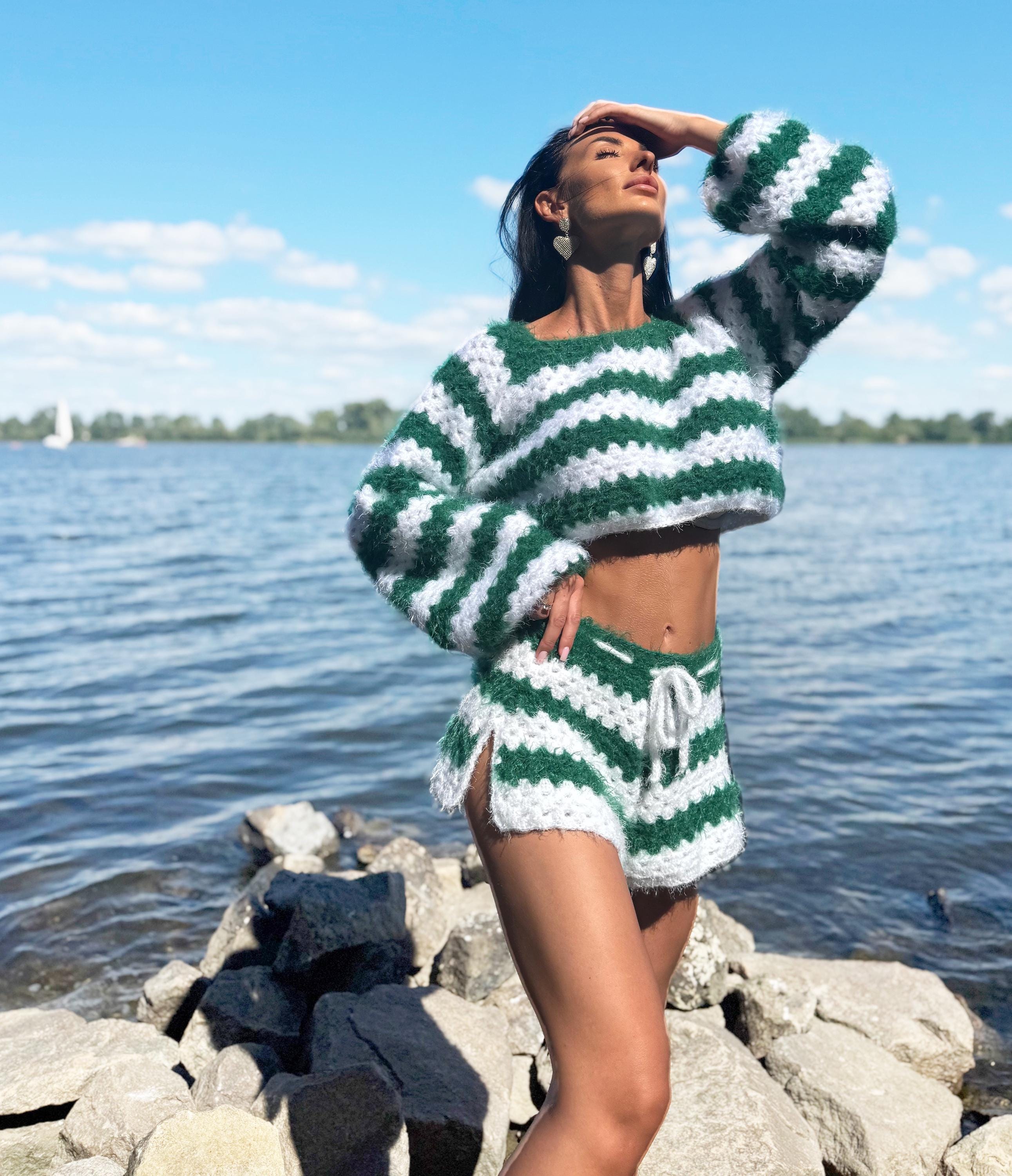 Fluffy crochet Lounge Set Oversized crop sweater Slit shorts Soft cozy homewear Travel outfit Festival clothing Two piece striped suit