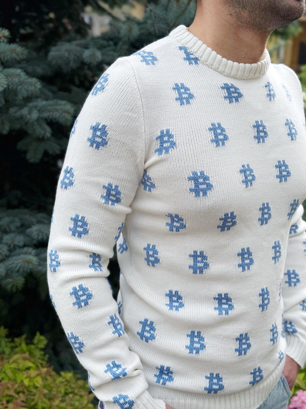 Men Bitcoin knit white blue sweater Crypto clothing Knitted merino funny sweater for him Bitcoin Unisex Crypto Sweater Funny Sweatshirt