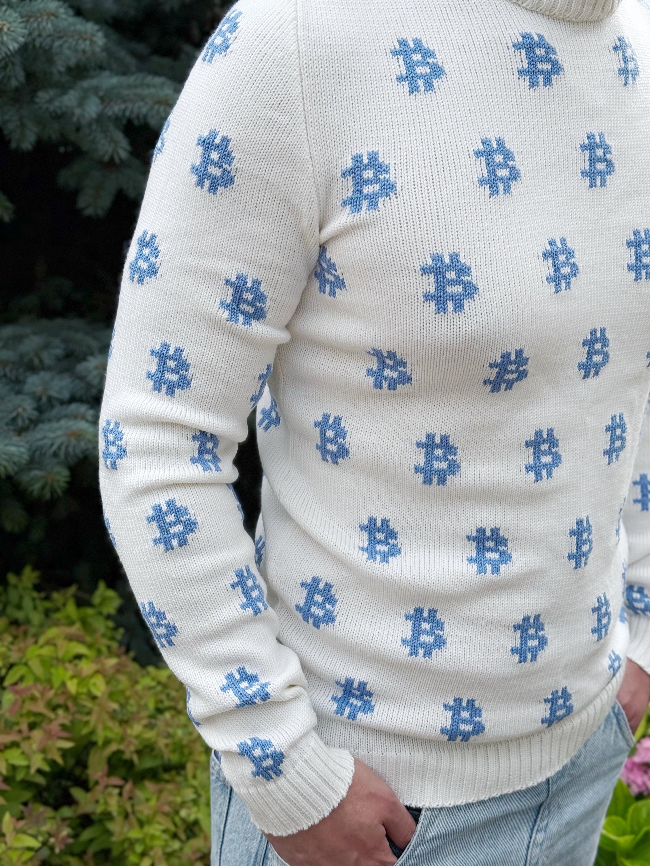 Men Bitcoin knit white blue sweater Crypto clothing Knitted merino funny sweater for him Bitcoin Unisex Crypto Sweater Funny Sweatshirt